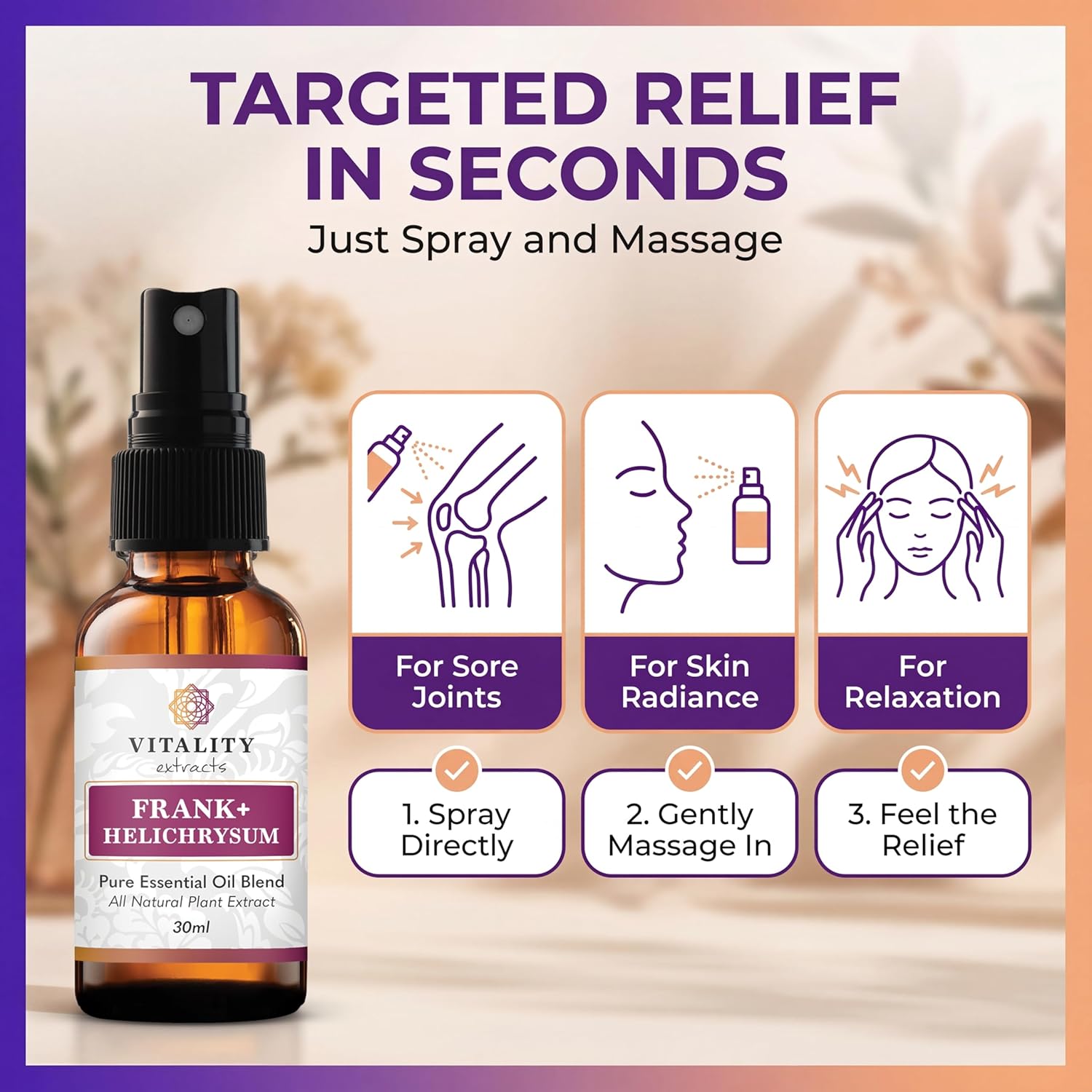 Vitality Extracts Frank+ Helichrysum Essential Oil Blend - 30ml Spray Bottle, Frankincense Boswellia Seratta, Aromatherapy, Soft Skin, Relief from Daily Aches & Soreness, Natural