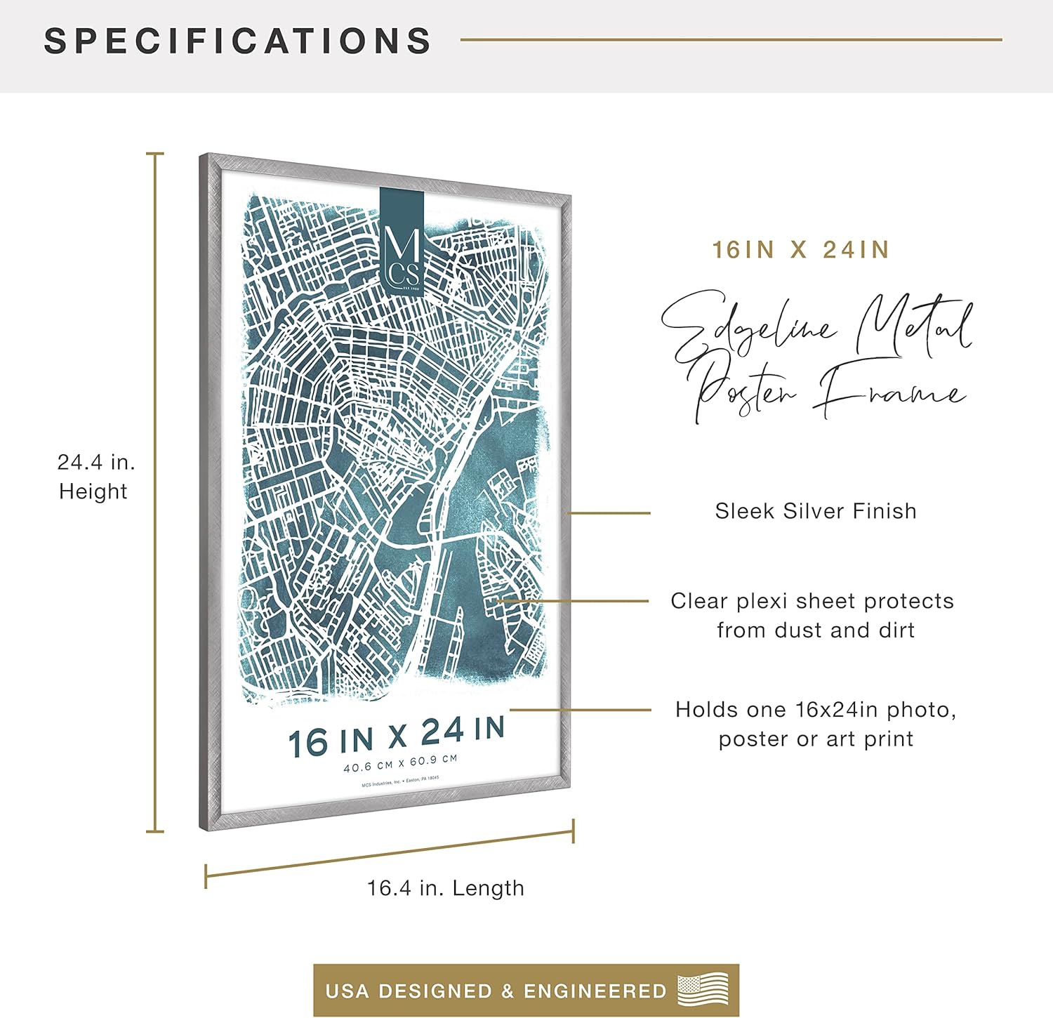 MCS Edgeline Metal Poster Frame, Back-Loading Picture Frame For Wall Art, 16 x 24 Inch, Silver