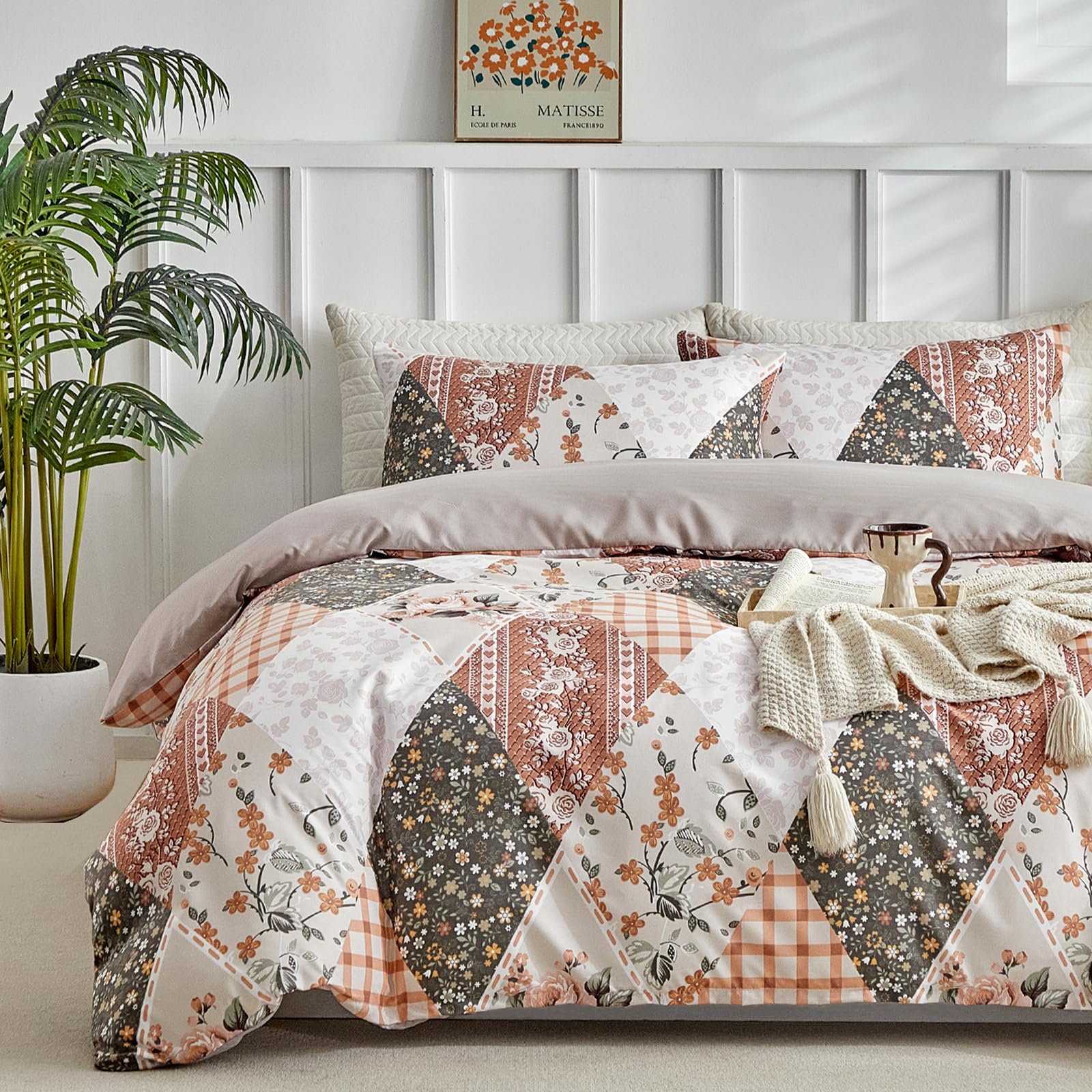 Tokokimo Double Duvet Cover Set, 240 x 220 cm, 3-Piece Geometric Patchwork Design Soft Microfibre, Complete with 1 Duvet Cover and 2 Pillowcases 50 x 80 cm, Patchwork-Khaki — image 1
