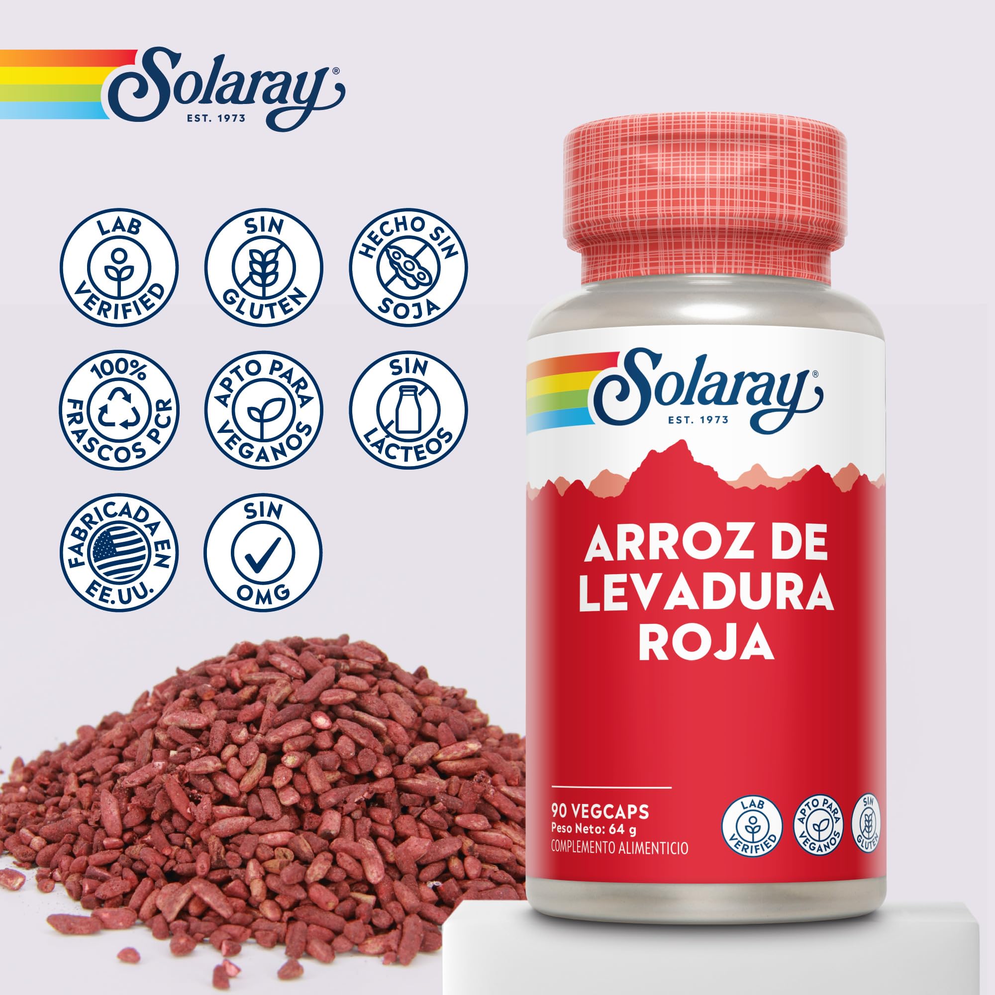 Arroz de Levadura Roja, 90 Cápsulas Veganas, Complemento de Alta Potencia, Verificado por Laboratorio, Solaray