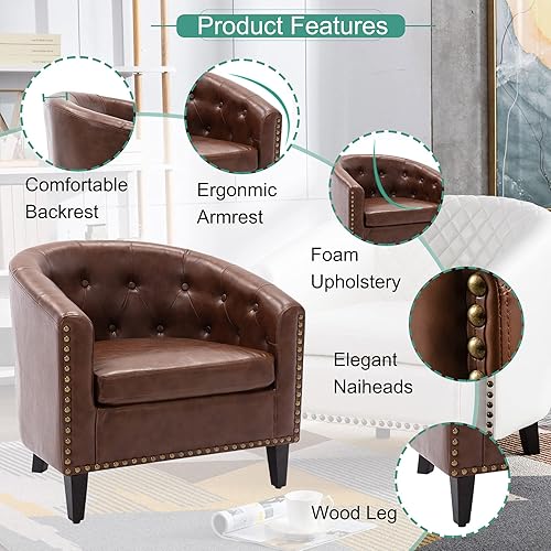 Miniatura 11 de Goujxcy Sillón de barril estilo club para sala de estar, acogedora y moderna silla de microfibra con cabeza de clavos y patas de madera maciza para