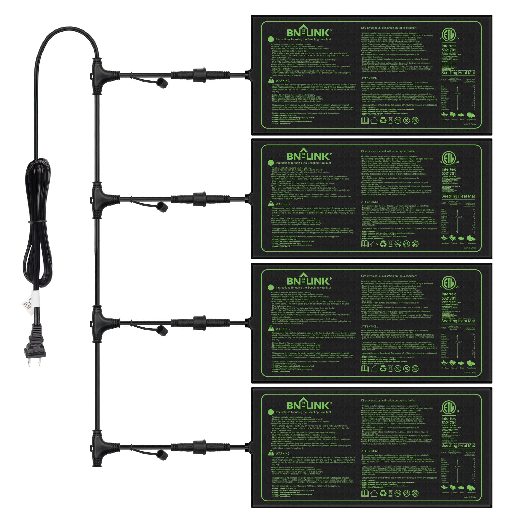 BN-LINK Seedling Heat Mat for Seed Starting 10" x 20.75", 4 Pack Daisy Chainable Waterproof Warming Mat Plant Heating Pad for Seed Germination, Indoor Growing, Hydroponic, Greenhouse, ETL Listed