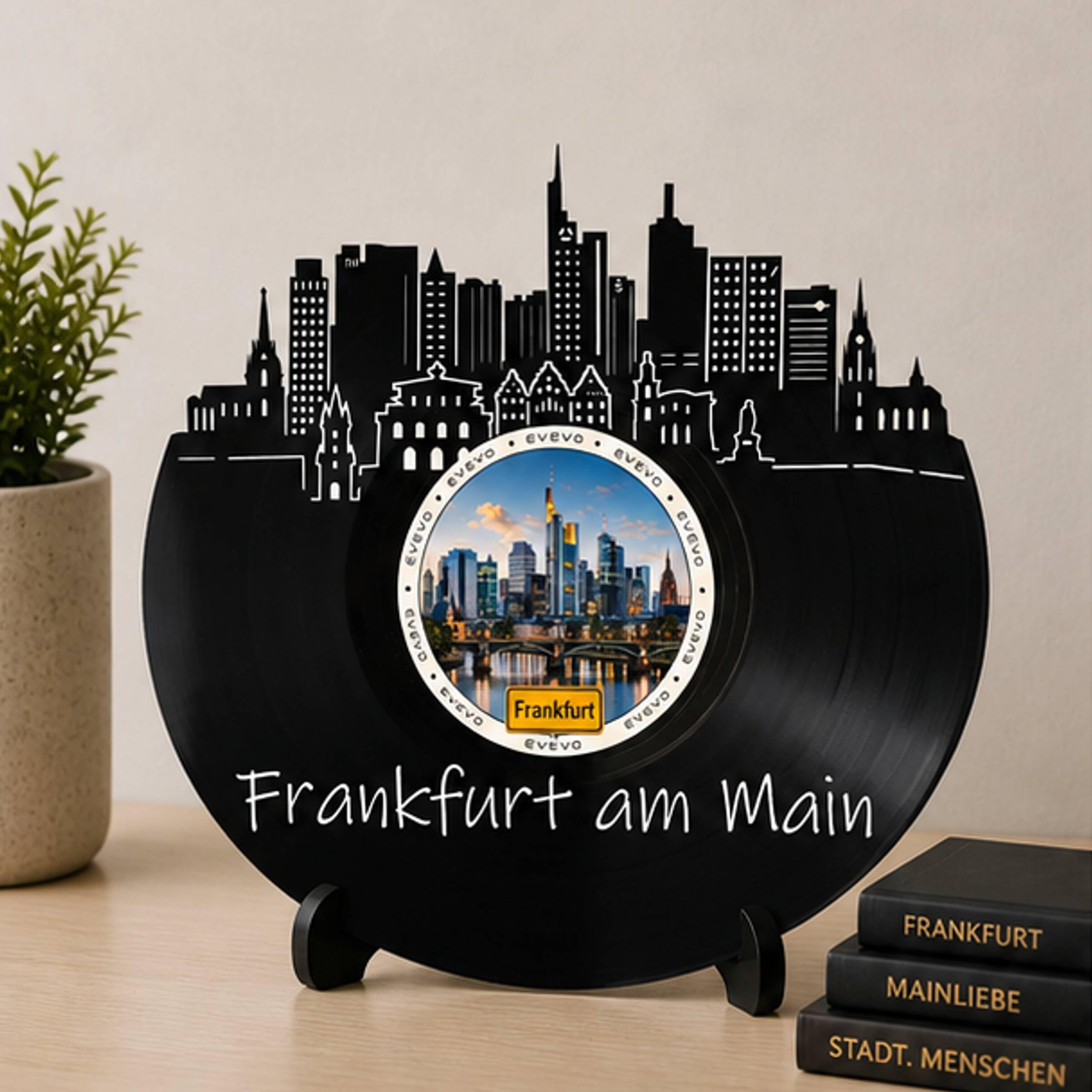 EVEVO Decorazione da parete a forma di disco di Francoforte, in vinile, decorazione da parete con skyline di Assia, regalo per i fan di Francoforte, amanti dei Romani di Mainhattan D0064