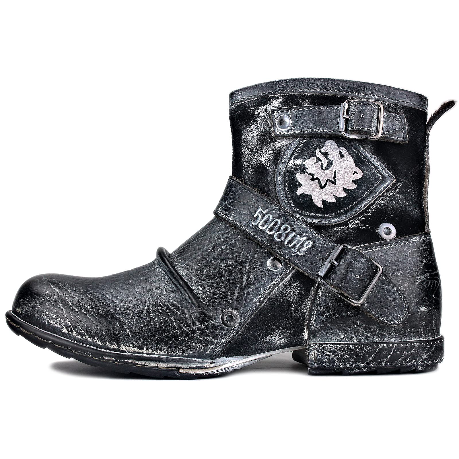 OSSTONE Herren Stiefel aus Rindsleder Lederstiefel mit Gummisohle Biker Boots mit Reißverschluss Männer Stiefeletten OS-5008-1-AI