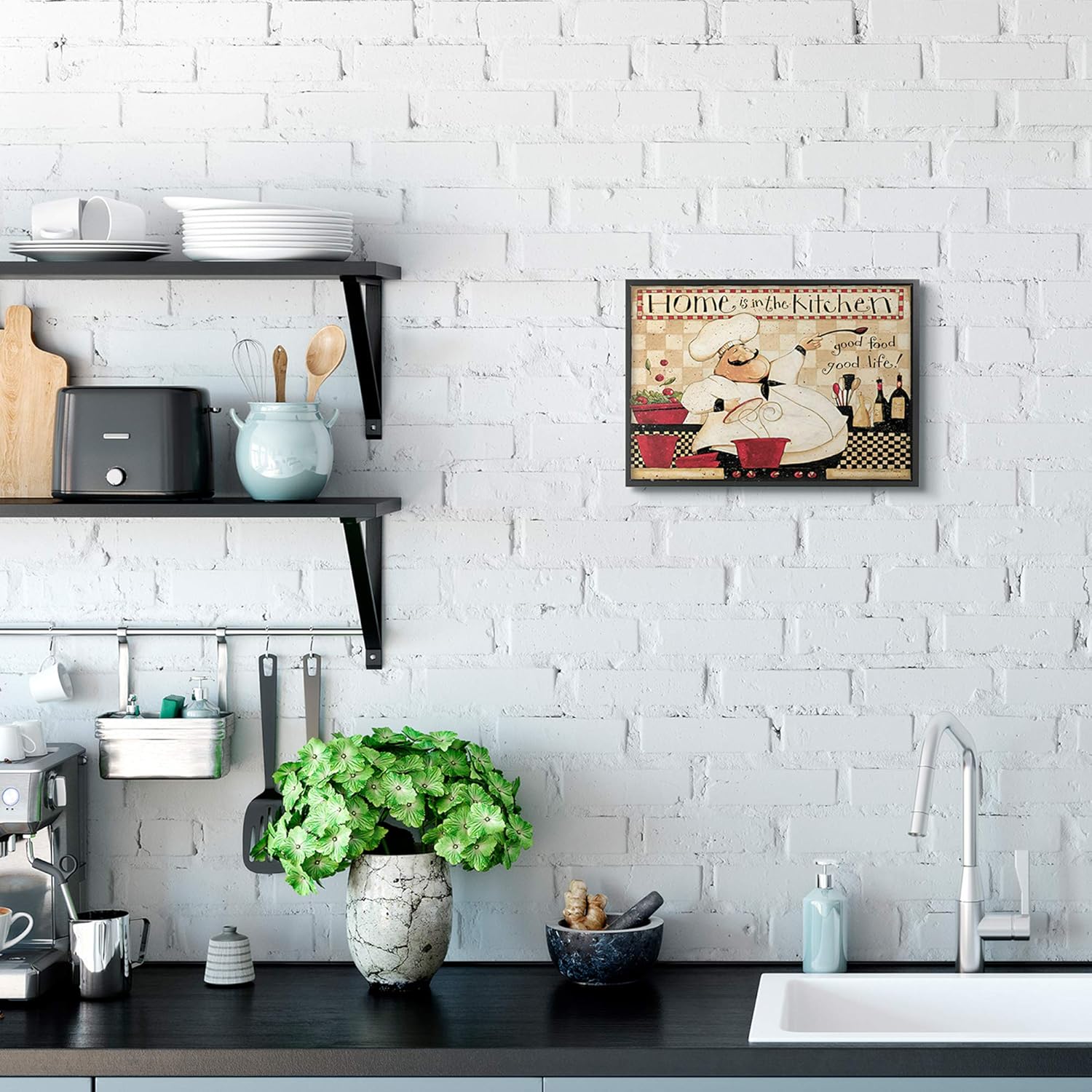 Stupell Industries Home is The Kitchen Phrase Charming Vintage Chef, Design by Dan DiPaolo Black Framed Wall Art, 11 x 14, Tan