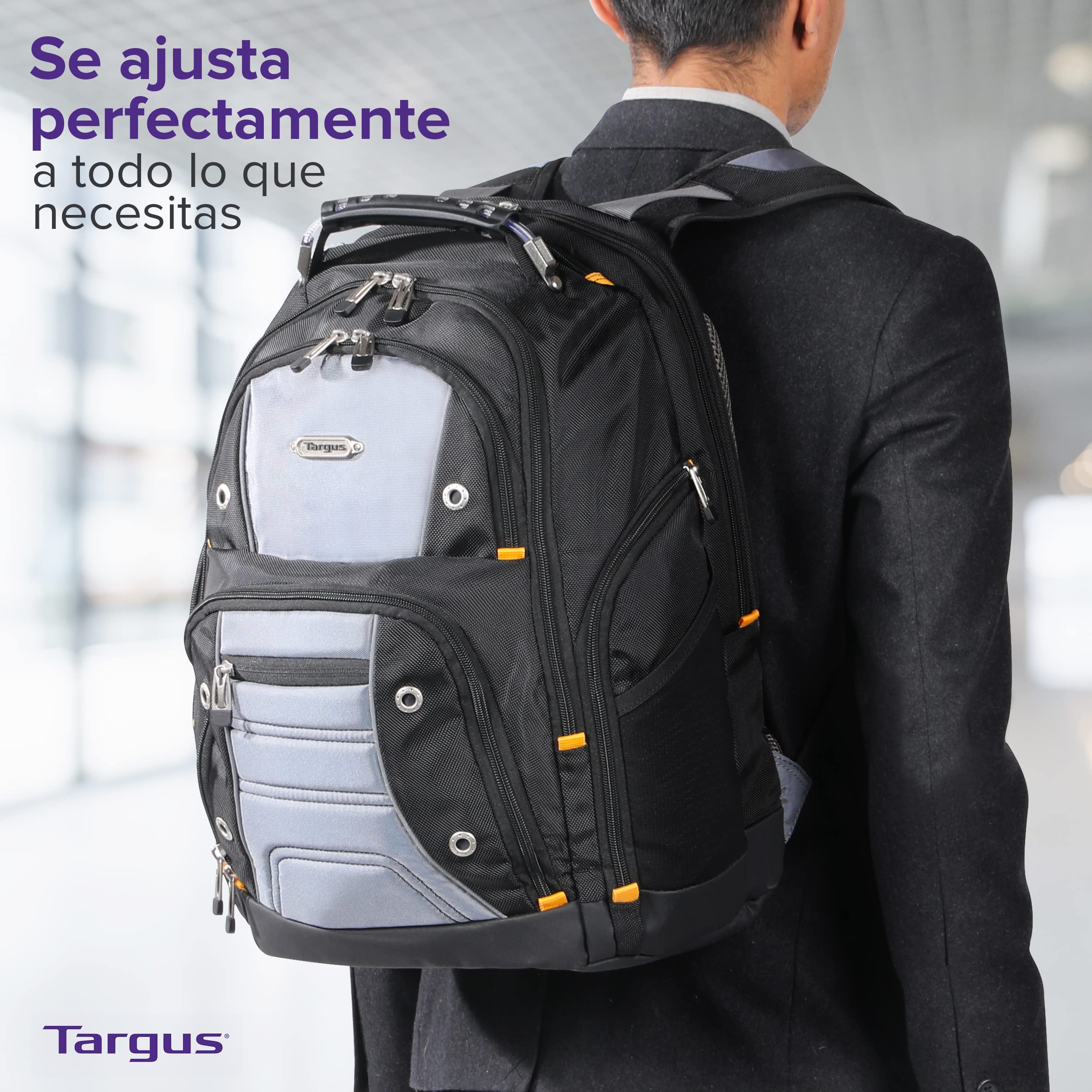 Targus Mochila Drifter TSB238EU, de 32 litros. La Mejor opción para Trabajadores, Estudiantes y videojugadores; Apta para la mayoría de los Ordenadores portátiles de hasta 15.6” – Negra/Gris