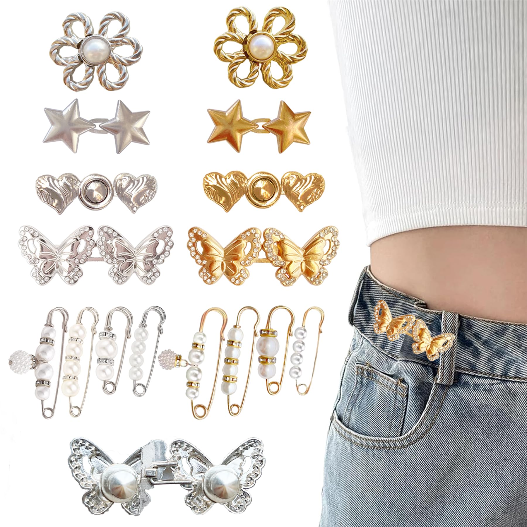 16 Set Pant Waist Tightener, Adjustable Gold and Silvery Butterfly Clips Buttons Pins for Loose Jeans Reusable Waist Tightener for Pants Women Heart Brooch and Pins