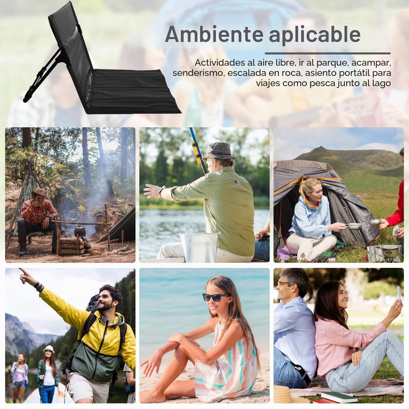 Silla de Suelo Plegable con Respaldo,Ligero y Plegable Tumbona Playa,Ajustable Esterilla De Playa Plegable para Camping, Actividades al Aire Libre, Playa y Viajes (Negro)