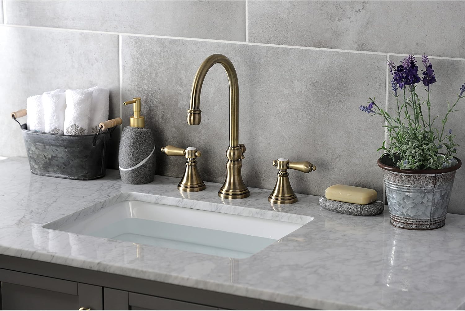 Kingston Brass KS2983BAL Heirloom Widespread Bathroom Faucet with Brass Pop-Up, Antique Brass