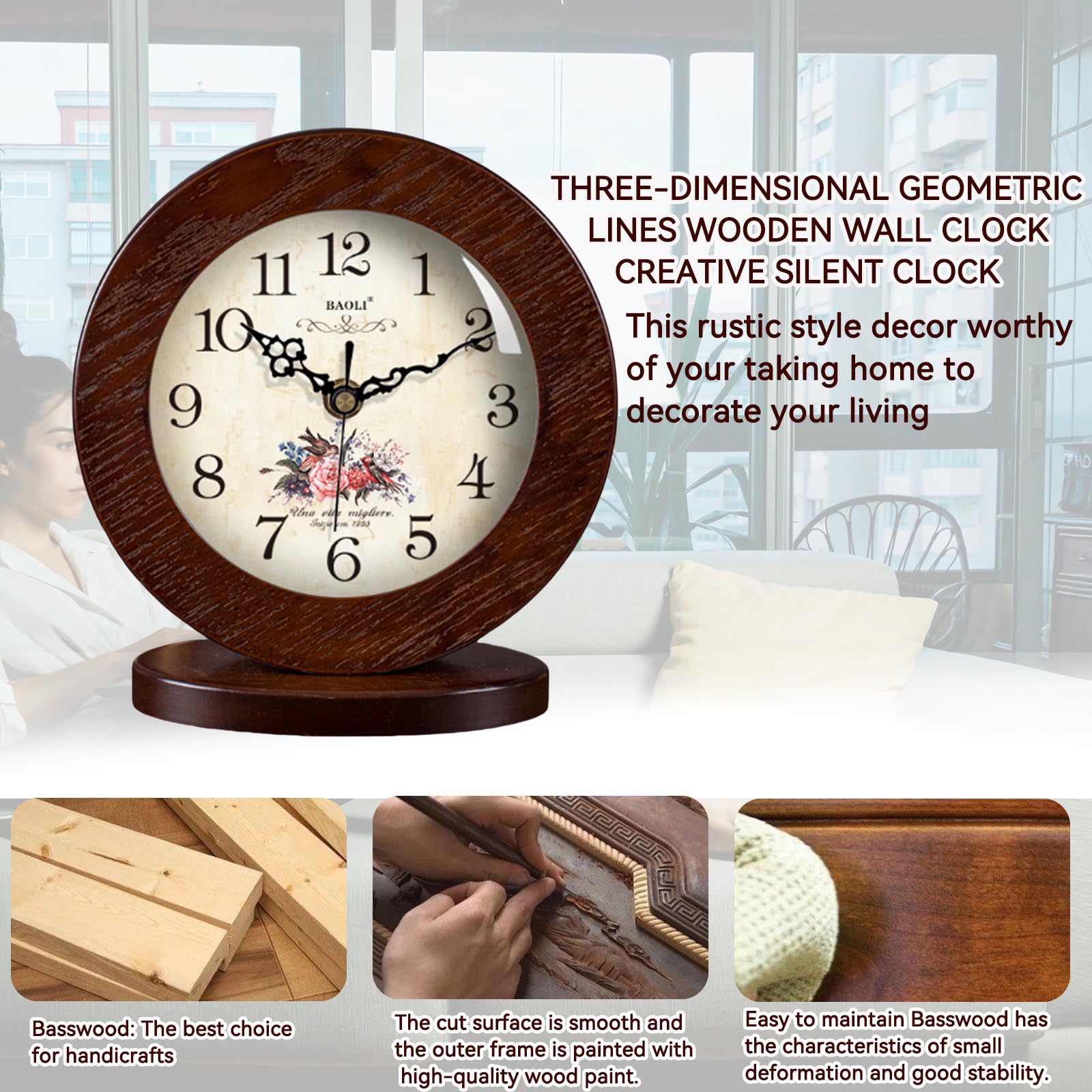 Country Floral, Retro Desk Clock Retro Table Clock/Deskclock -European Solid Wood Clock Simple Living Room Silent Table Clock Modern Bedroom Creative Pendulum Clock Table Clock,19.5x13cm,Brown
