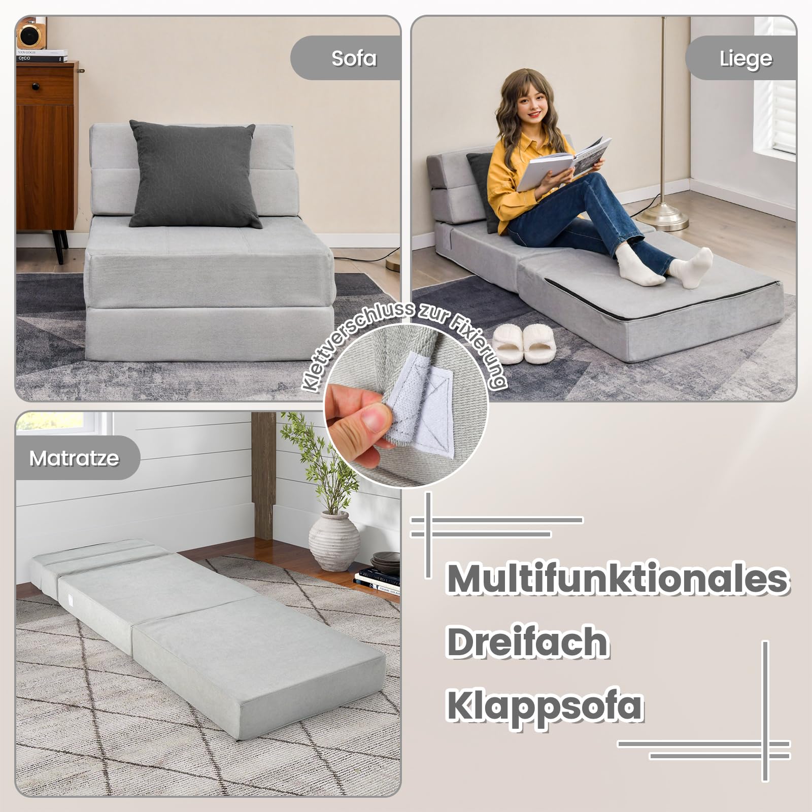 COSTWAY Składana sofa do spania 3 w 1, materac składany, pianka bardzo gruba (15 cm), sofa-łóżko, materac podłogowy, składany materac, materac dla gości ze zdejmowaną i nadającą się do prania poszewką