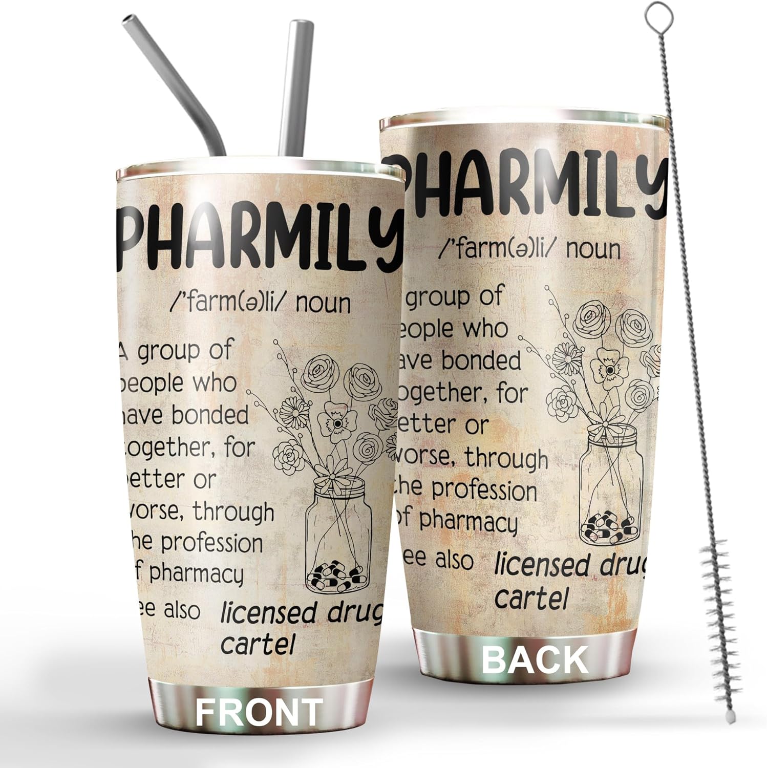 Pharmacist Gift For Women - Tumbler Stainless Steel 20oz Straw Lid, Pharmacy Appreciation Week Gifts For Tech Assistant Doctor Staffs Employees Coffee Cups (PD01)