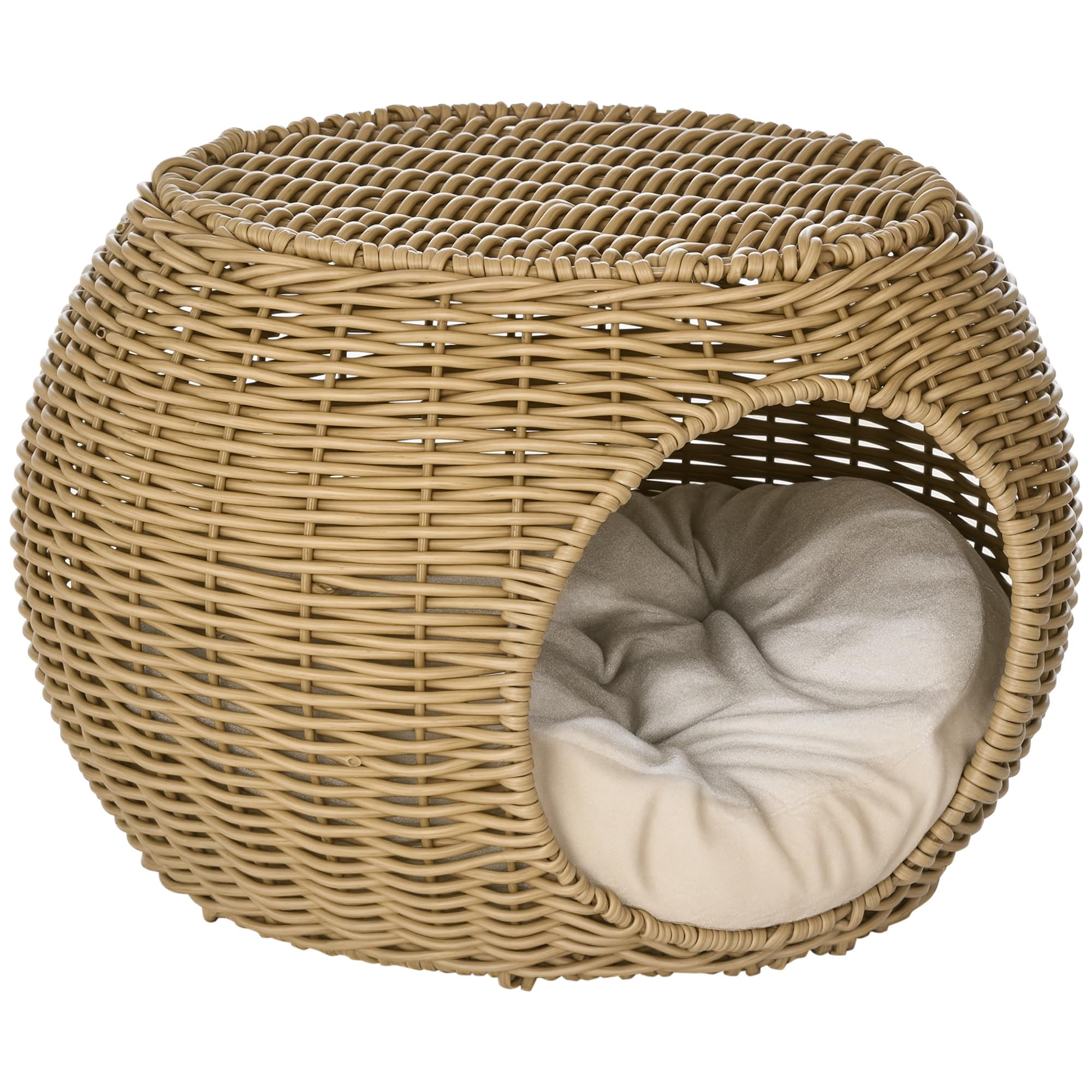 PawHut Nicchia per Gatto in Resina Intrecciata Imitazione Rattan, Maison con Cuscino Morbido Ø 40 x 30 cm, Marrone Chiaro