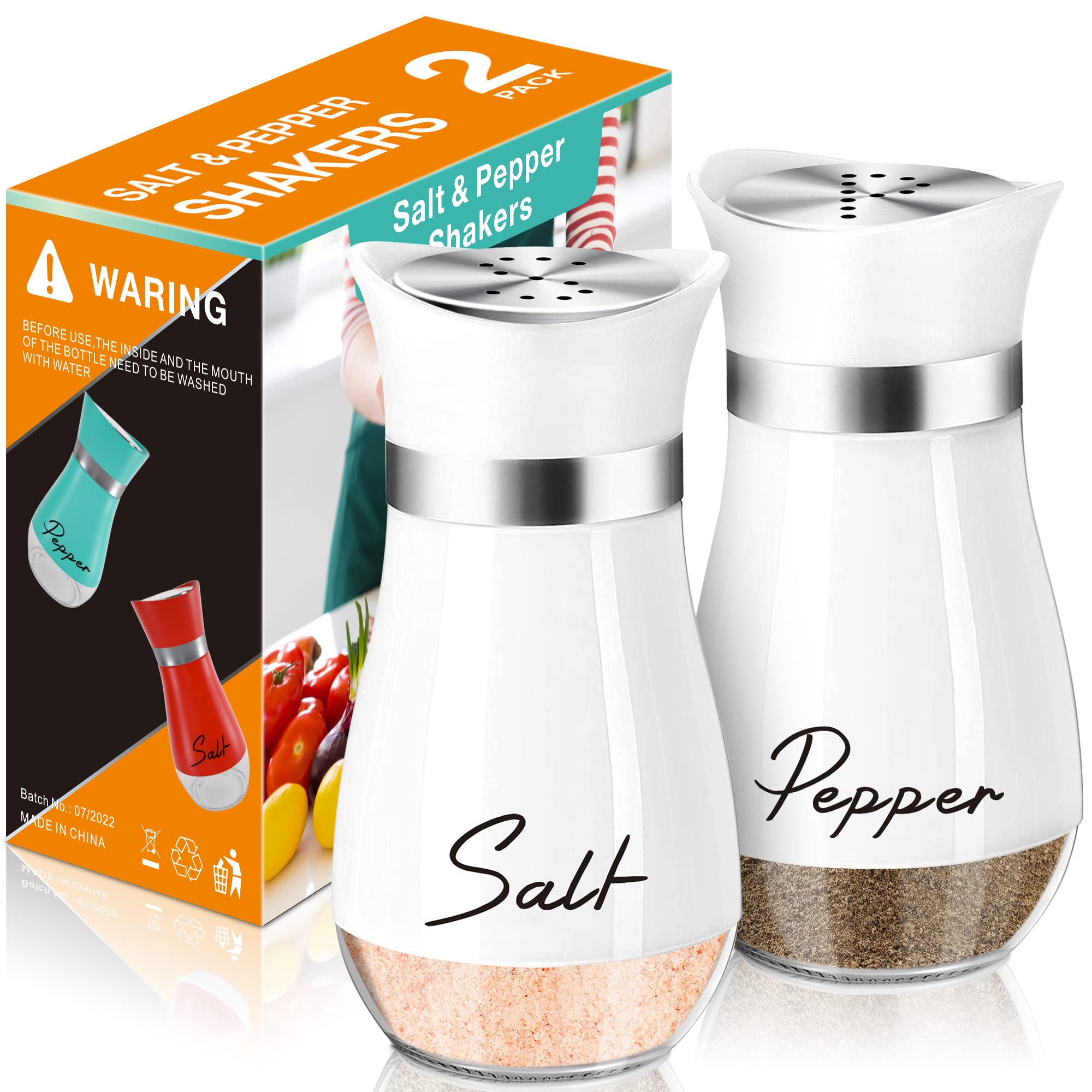 Set di 2 saliera e pepiera in acciaio inox, ricaricabili, 120 ml, con fondo in vetro trasparente, set per cucina, barbecue, ristorante, campeggio (nero e bianco