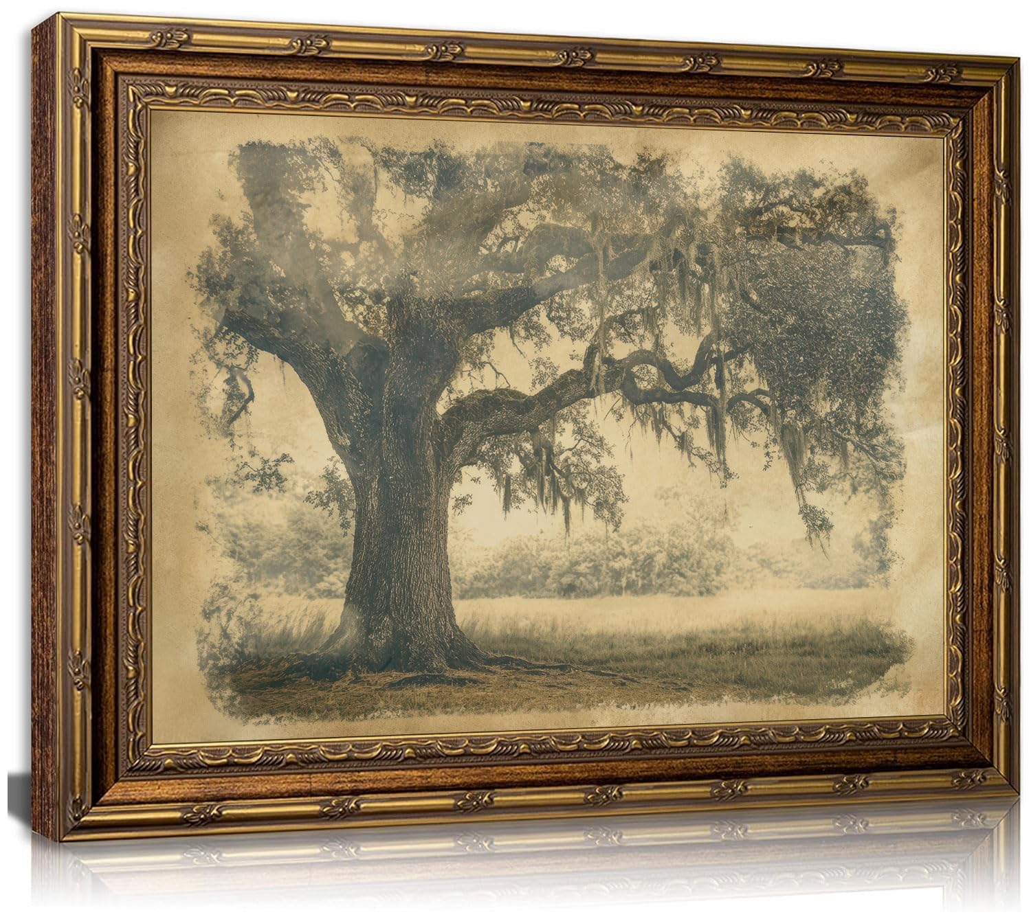 Vintage Gold Framed Oak Tree Wall Art, Antique Moss Oak Tree Print, Rustic Farmhouse Countryside Landscape Wall Decor Picture Artwork for Living Room, Bedroom,