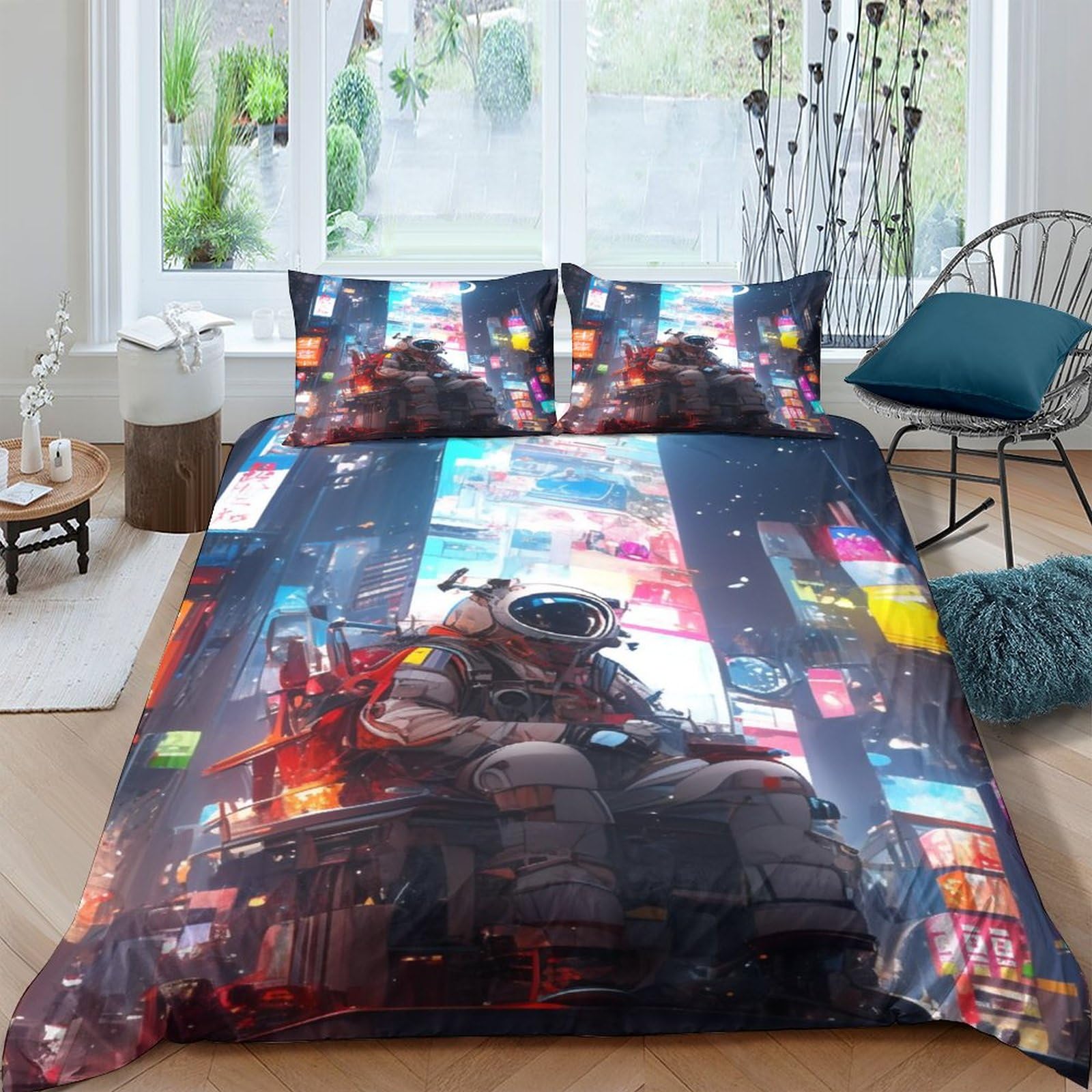 Housse de couette 3D astronaute 200x200 cm avec 2 taies d'oreiller pour lit enfant
