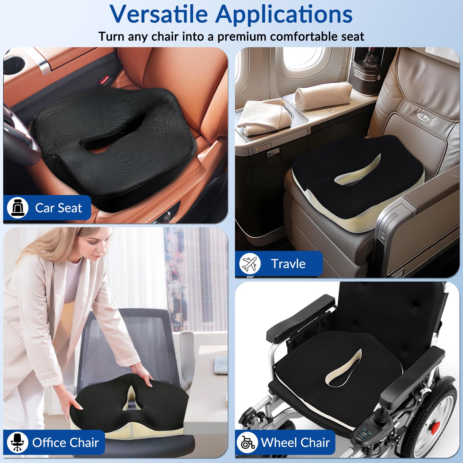 Black Memory Foam Seat Cushion W/ Non-Slip Bottom For Office Chair, Car, Wheelchair - Ergonomic Pain Relief (Set Of 1) SA1159B336 - The Home Depot