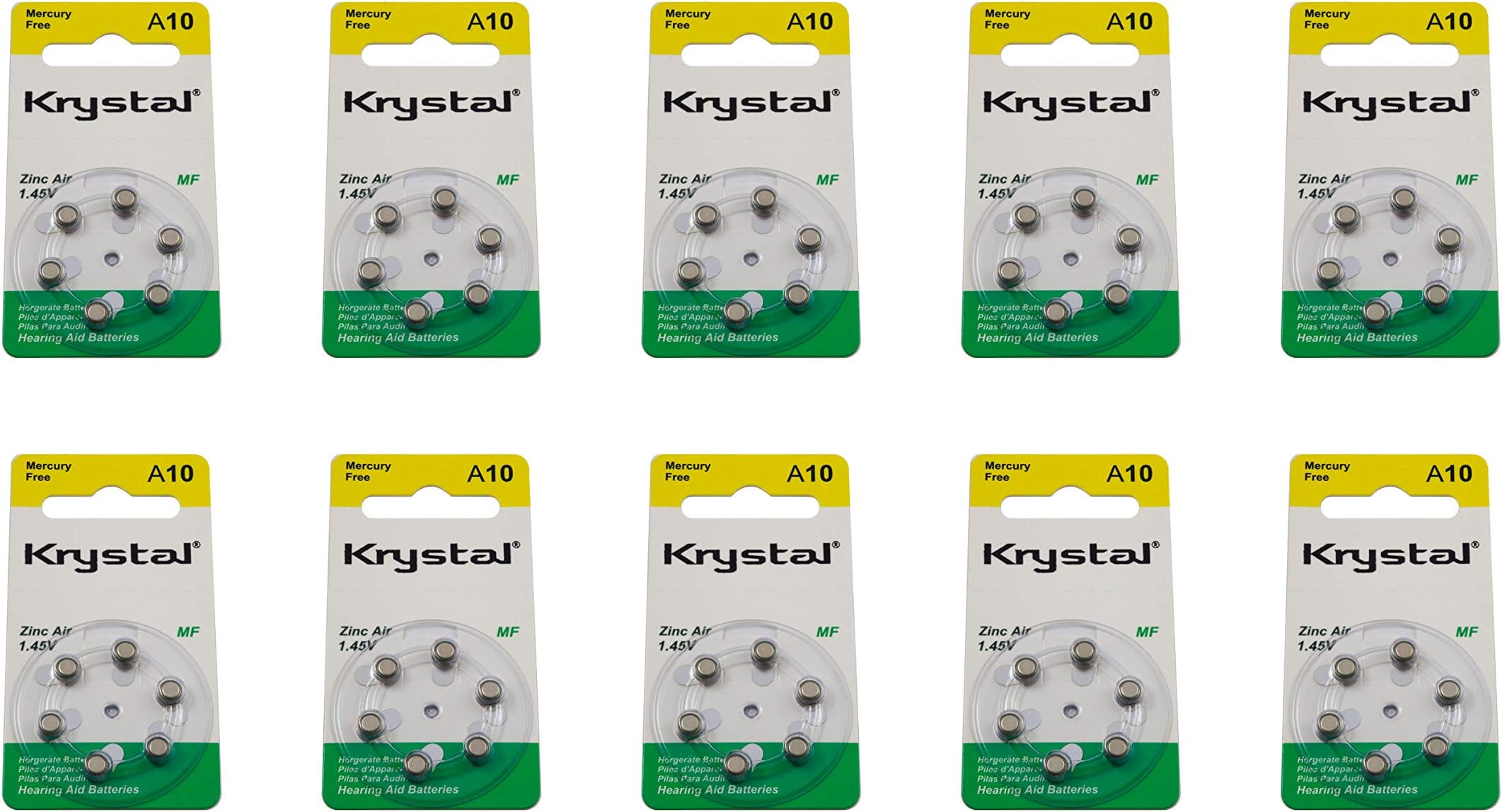 Krystal 60pcs (6 x 10) A10 (PR70) Hearing Aid Batteries Zinc Air (1.45V) Suitable for Hearing aids, Hearing aids, Hearing aids. Yellow
