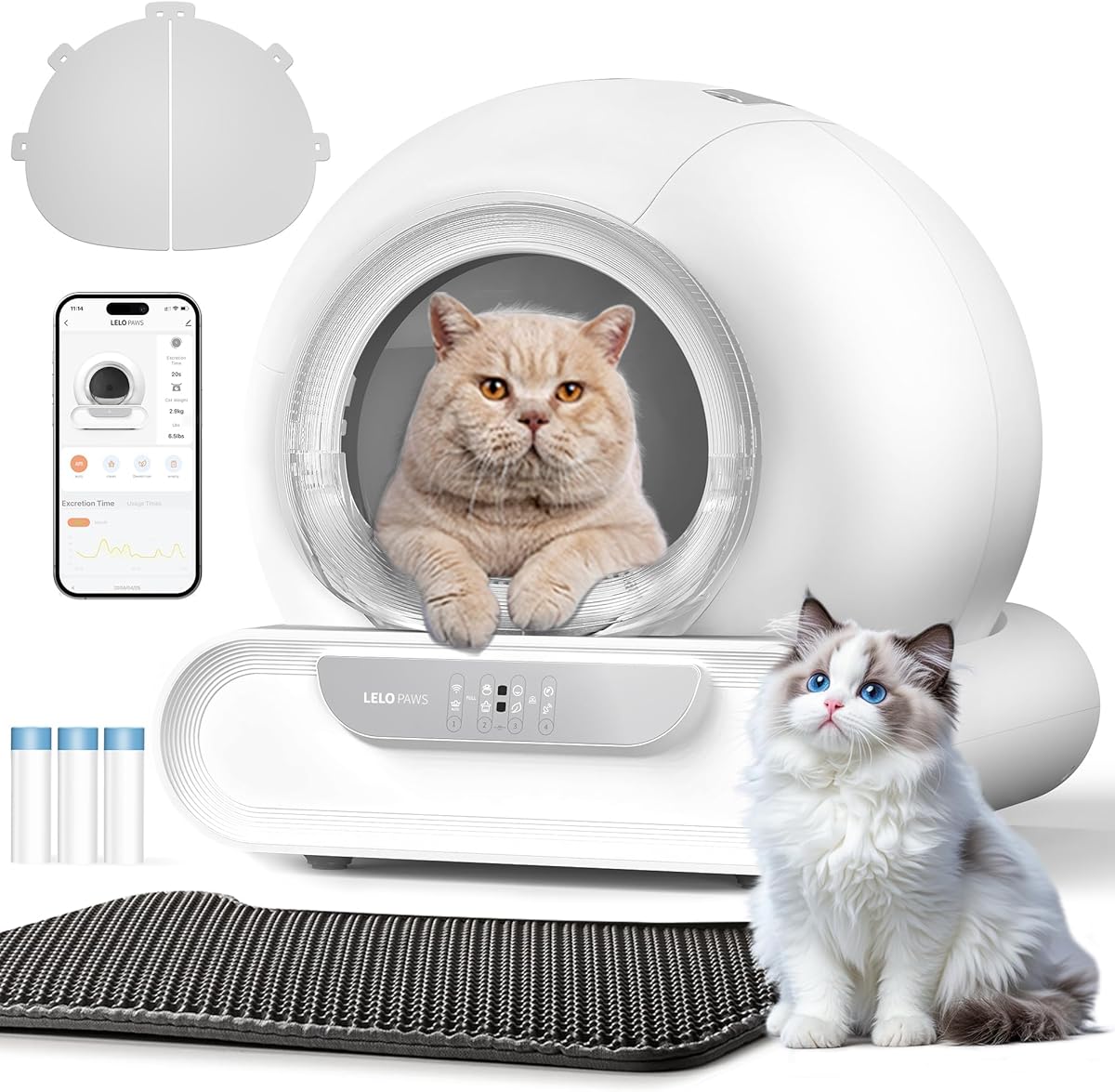 Selbstreinigende Katzentoilette, 74L Katzenklo Selbstreinigend mit Türvorhang, Müllbeutel, Matte, APP Steuerung, Desodorieren, Sicher, Elektrisches Katzenklo XXL für Mehrere Katzen, Weiß