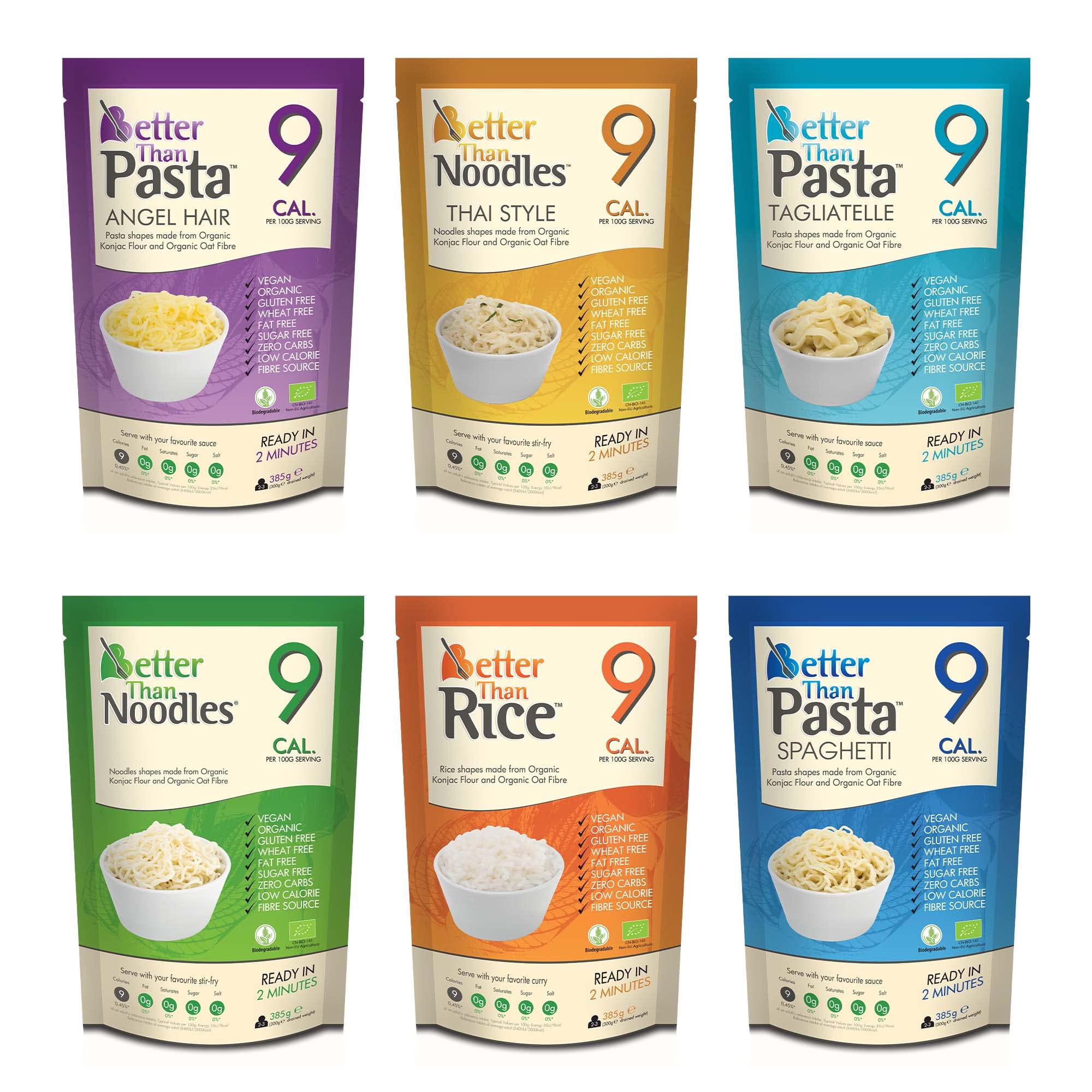 Better Than Foods Mixed Case - Noodles, Thai Style, Rice, Spaghetti, Angel Hair & Tagliatelle, Made from Organic Konjac Flour, Keto Paleo Diet, Zero Sugar & Low Calorie Food | (6 x 385g)