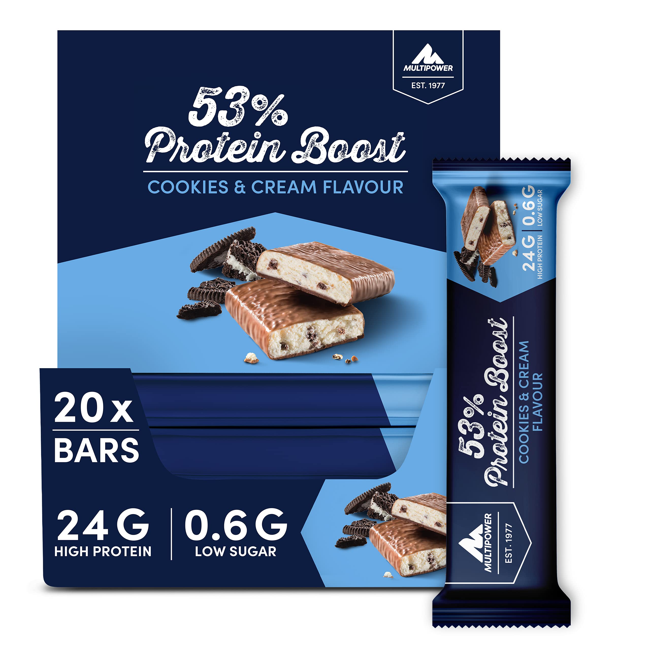 Multipower 53% Protein Boost – 20 x 45 g Protein Riegel Cookies & Cream mit 53% hochwertigem Protein – 24 g Eiweiß und 1,3 g Zucker je Eiweißriegel