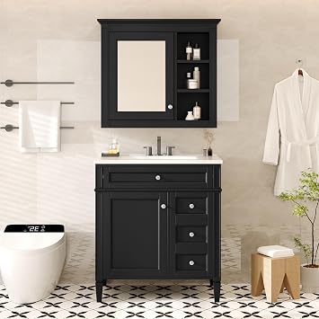 Freestanding Vanity Set with Mirror Cabinet & Ceramic Sink, 30-inch Free Standing Solid Wood Bathroom Vanity Cabinet with 2 Drawers, a Tip-Out Drawer, and Storage Rack for Bathroom, Black