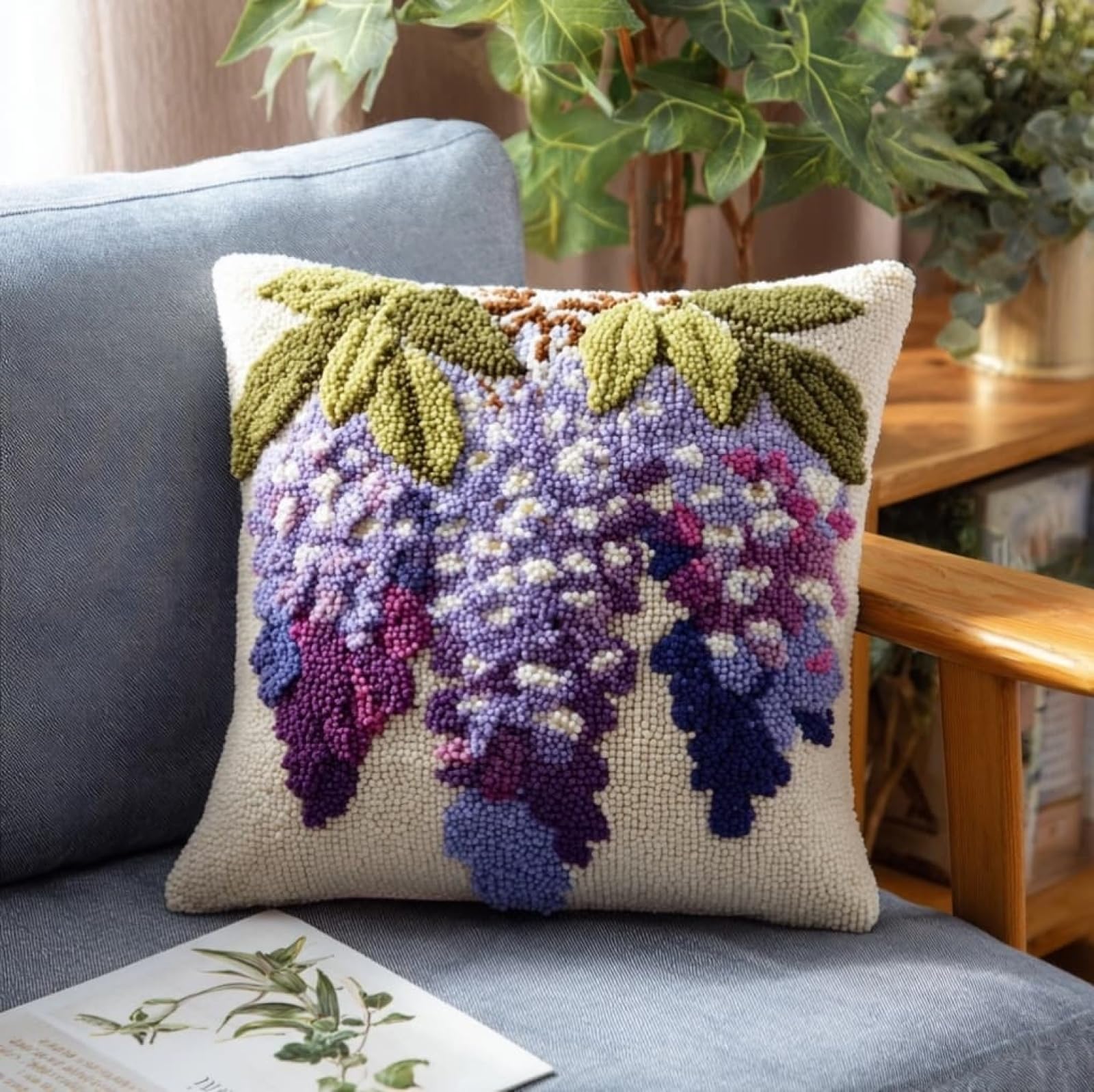 AxiangziK Latch Hook Pillow Cover Kit,Wisteria 43x43cm DIY Cushion Kit for Adults Beginners,Living Room Sofa Decoration,with Pattern and Yarn