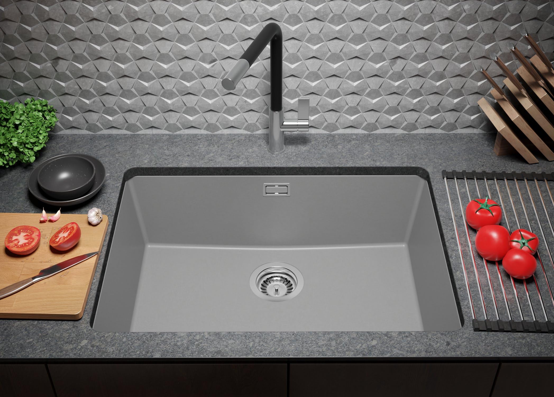 PRIMAGRAN Fregadero bajo Encimera al Mueble 70cm + Kit de desagüe, 66x47cm | Set: Kit de desagüe (Sifón, válvula de desagüe, rebosadero) + London 1 Seno para Cocina, Gris