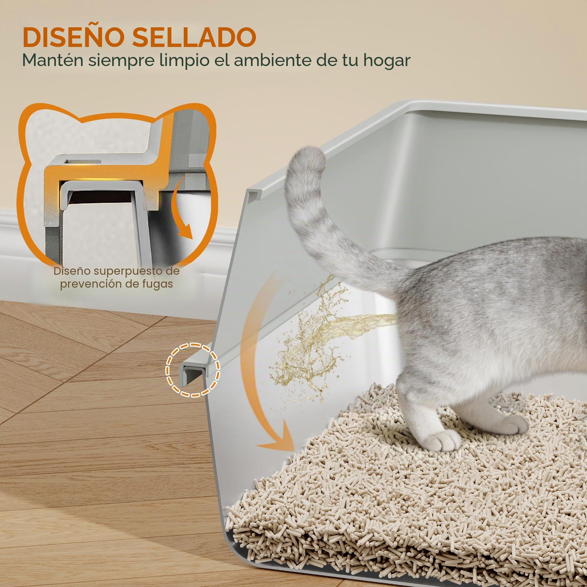 Arenero Acero Inoxidable Gatos XXL, 60,5x40x29cm, Gris Claro | Arenero Metalico para Gato, Caja de Arena Grande para Gatos, Laterales Altos, Incluye Pala, Fácil de Limpiar FPLB003SG1
