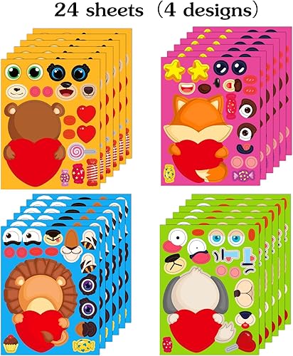 Miniatura 6 de WaaHome Calcomanías para el día de San Valentín 24 hojas para hacer tu propio zorro perro oso león animales manualidades para niños día de San