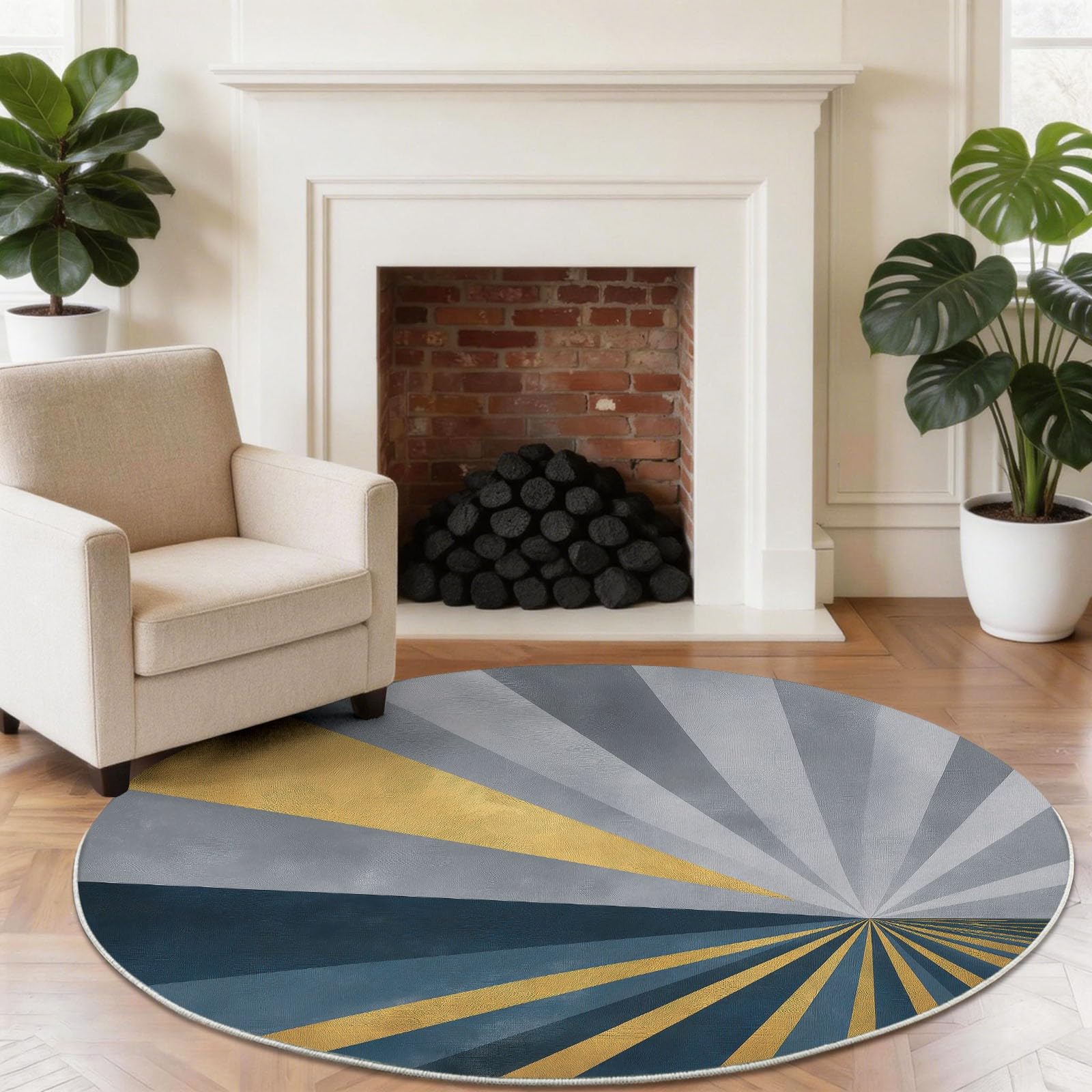 Tappeto rotondo 200 cm geometrico Art Deco Oro Strisce Radiali Patchwork Tappeto Rotondo Morbido Antiscivolo Lavabile Adatto per Camera da Letto Ingresso Sala da Pranzo Dormitorio Familiare