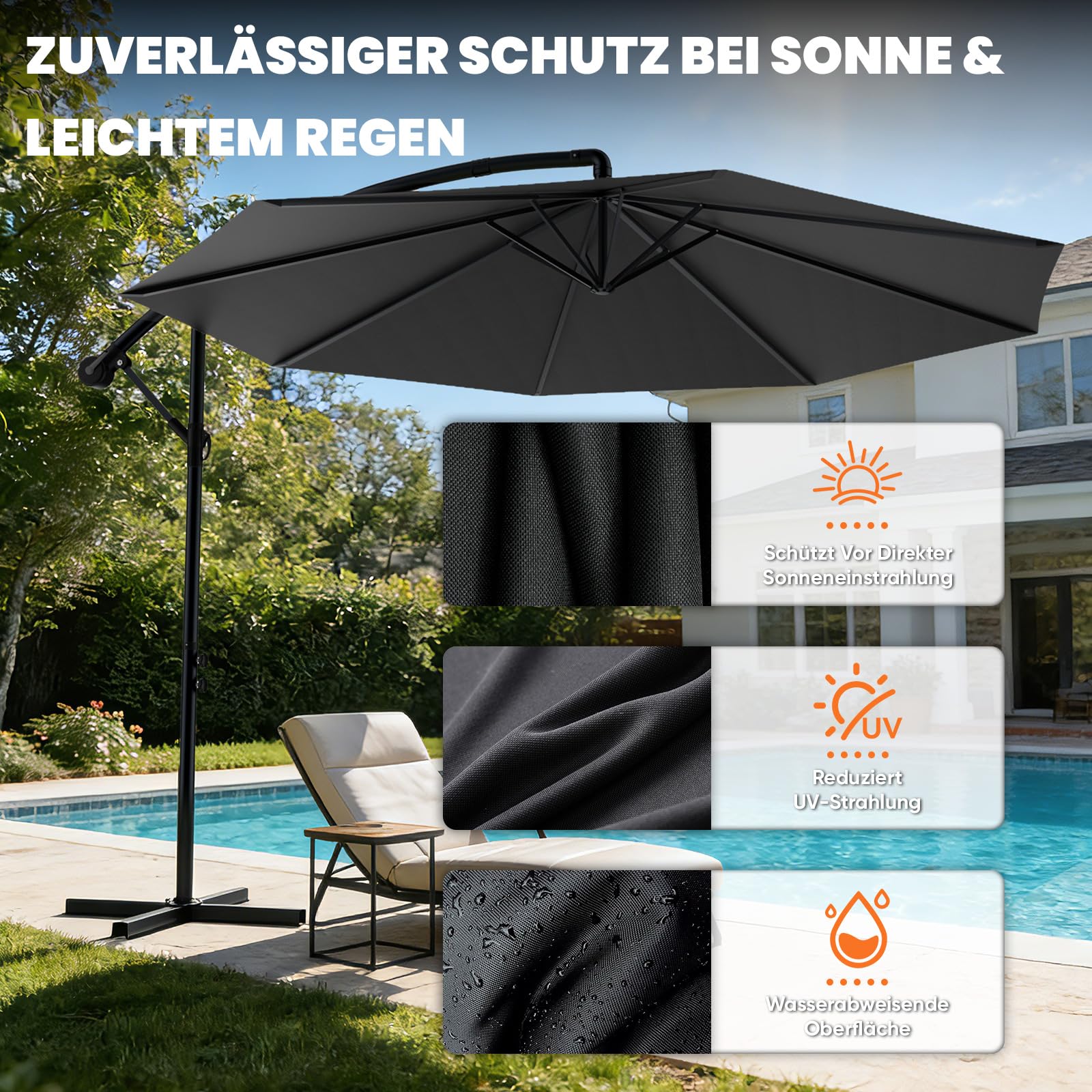 Huracan Ombrellone parasole, copertura ombrellone da giardino con manovella, girevole a 360° e inclinabile, protezione solare dai raggi UV, in alluminio, per giardino, terrazza