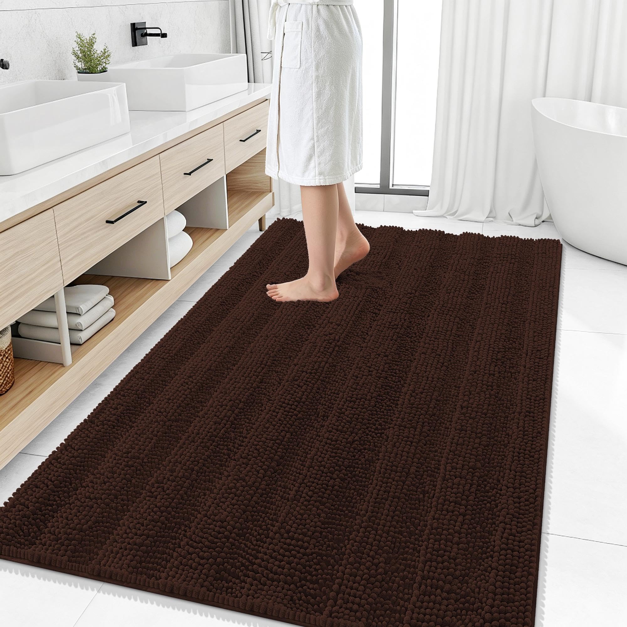 Smiry Thick Chenille Large Bathroom Runner Rugs 50x30, Soft Bath Mat, Brown