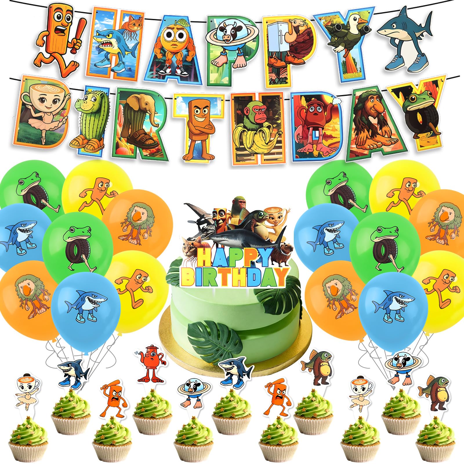 42PCS Brain-rot Birthday Party Decorations, tung Tung Sahur Party Supplies, Cartoon Anime Theme Happy Birthday Banner Latex Balloons Cupcake Toppers Decoration for Girls Boys