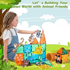 Asago Magnetic Tiles Animals Jungle Gifts Building Sets,Toddler Toys for Kids Ages 4-8,Forest Montessori Magnet Tiles Set, Safari Zoo Animal Toys,STEM Construction Blocks for Toddlers 3-5