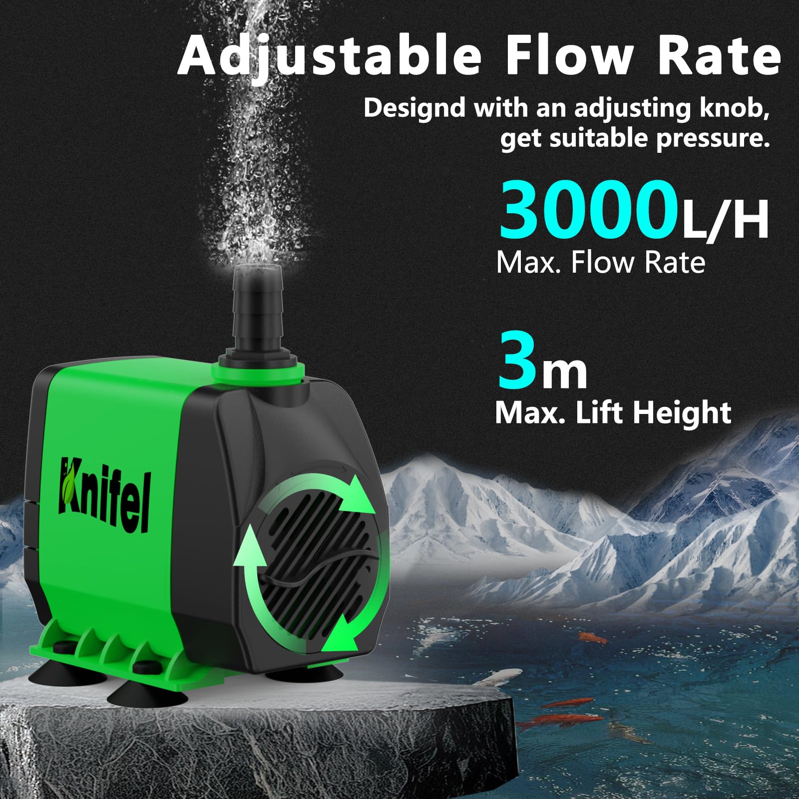 Knifel Teichpumpe Filterpumpe 60W 3000L/H Schutz vor überhitzung Funktion Ultra Leise Springbrunnenpumpe Wasserpumpen Mit 1,8m Kabel für Brunnen, Hydroponik-Systeme.