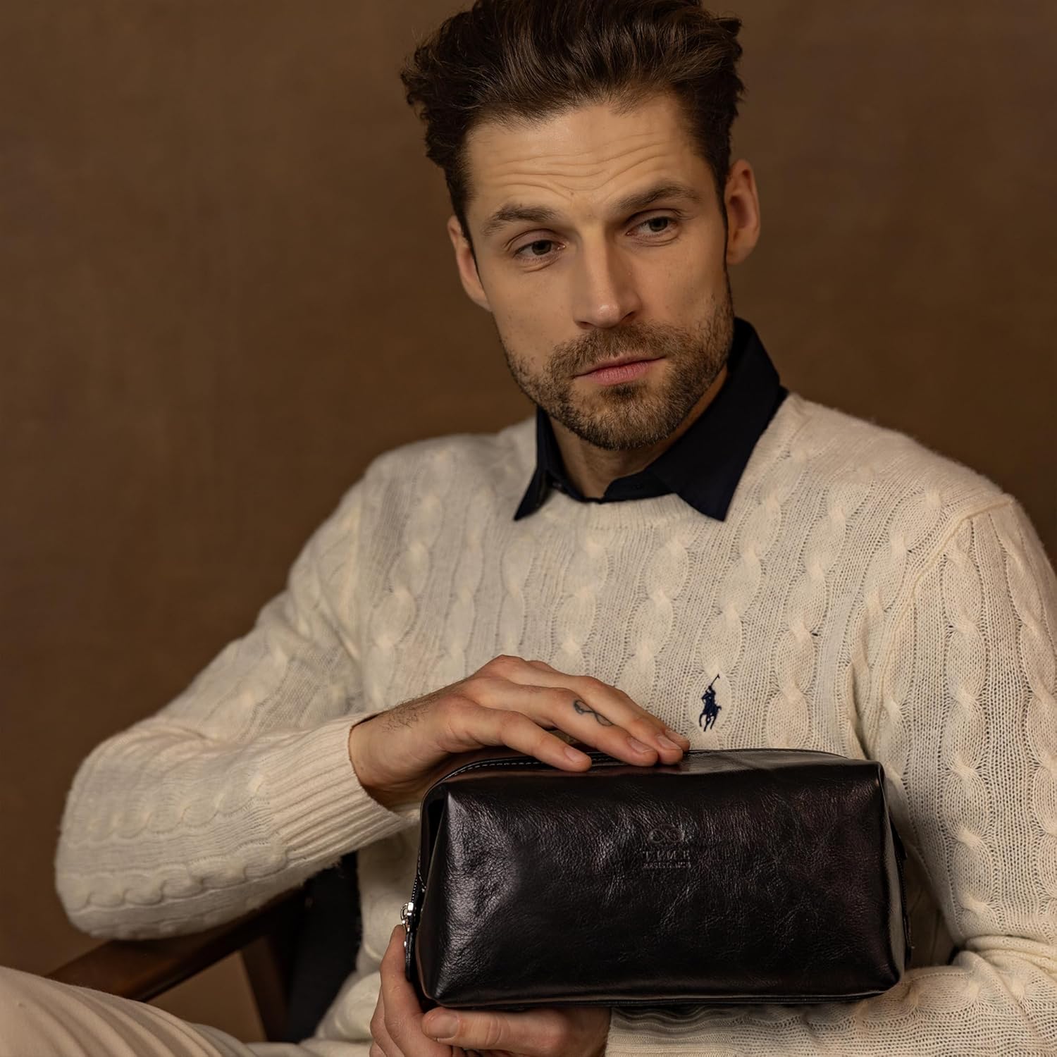 Time Resistance Leather Toiletry Bag Cosmetic Case Italian Classy Dopp Kit - Image 2