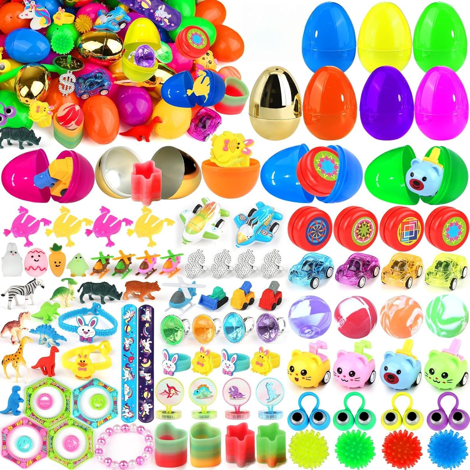 [ 6 Surprise Golden Eggs ] 100 Pack Prefilled Easter Eggs with Assorted Toys Inside, Pre-filled Easter Egg Hunt Stuffed, 100 Plastic Easter Eggs Fillers with Toys, Easter Basket Stuffers