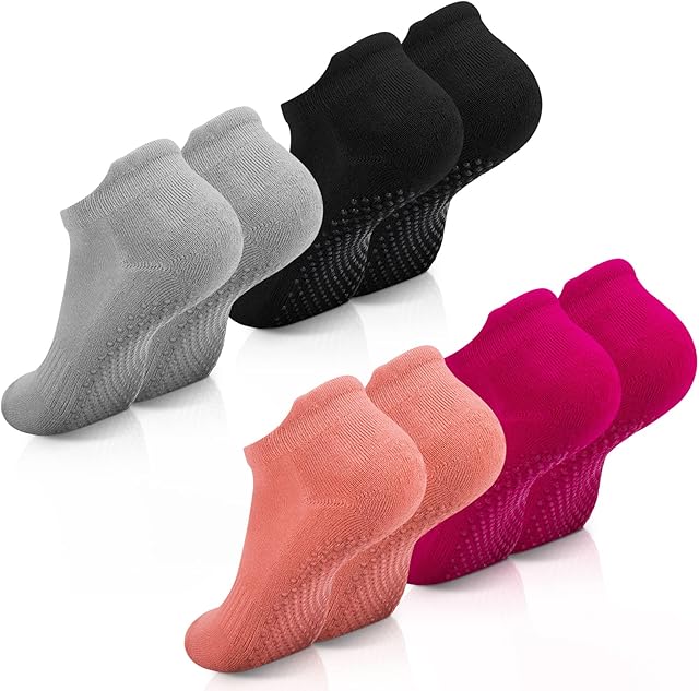 4 Pairs Non Slip Yoga Pilates Socks for Women, Breathable Slipper Socks Non Skid Fitness/Dance Barre/Ballet/Maternity Grip Socks with Gripper