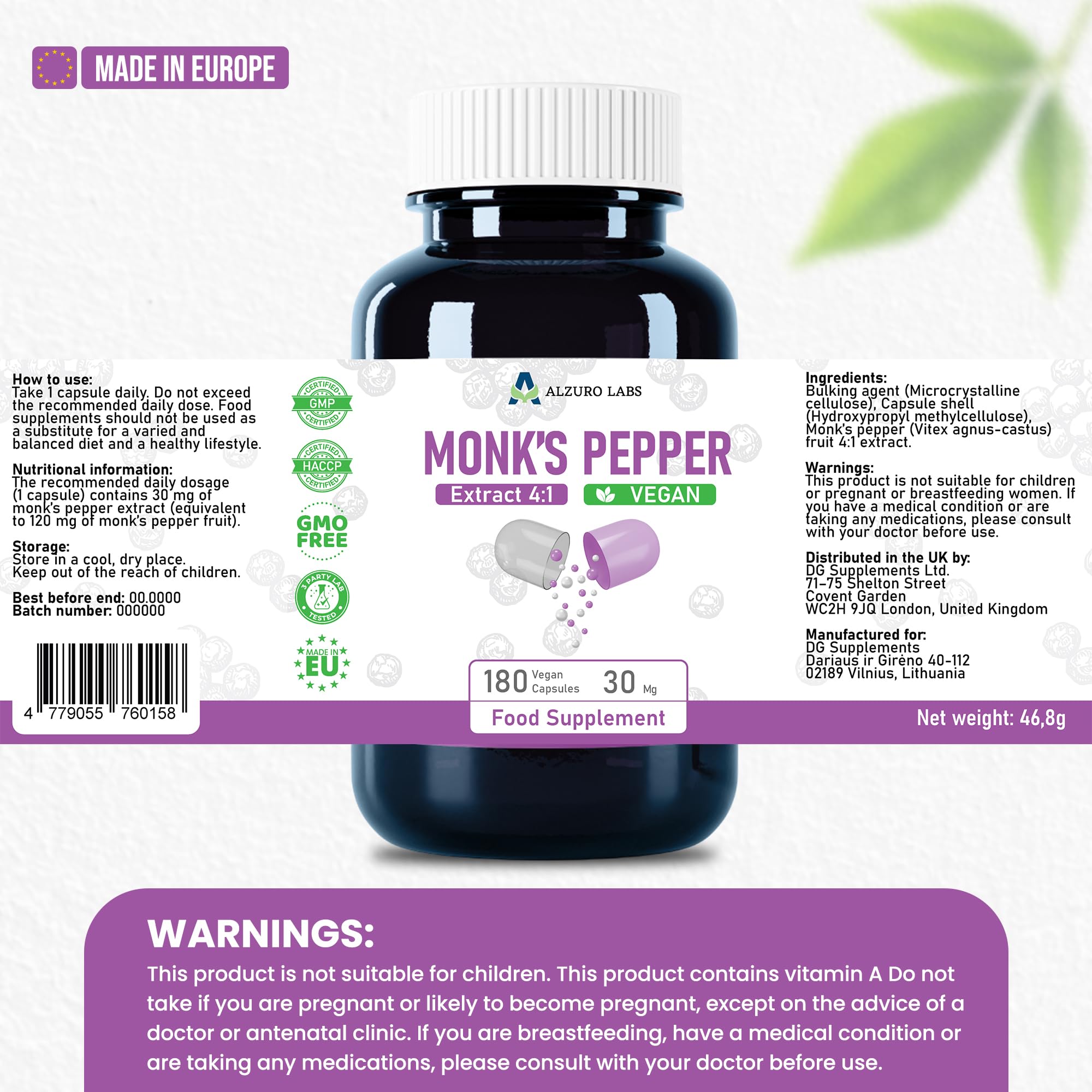 Poivre moine | 120 mg équivalent (30 mg d'extrait 4:1) | 180 capsules végétaliennes | 6 mois de stock | GMP & Testé en Laboratoire Indépendant
