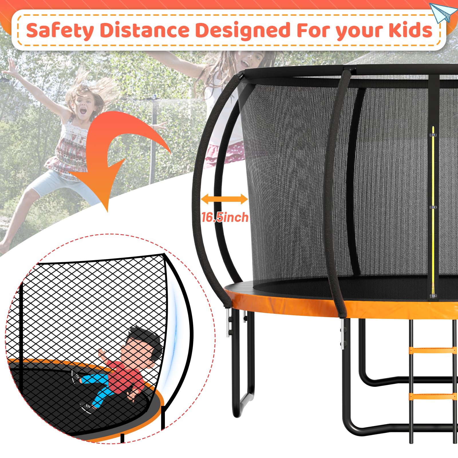 Zevemomo Outdoor Trampoline for Kids and Adults, 12FT 14FT Trampoline with Curved Poles Reinforced Enclosure, Recreational Trampolines with Ladder & Enclosure Net