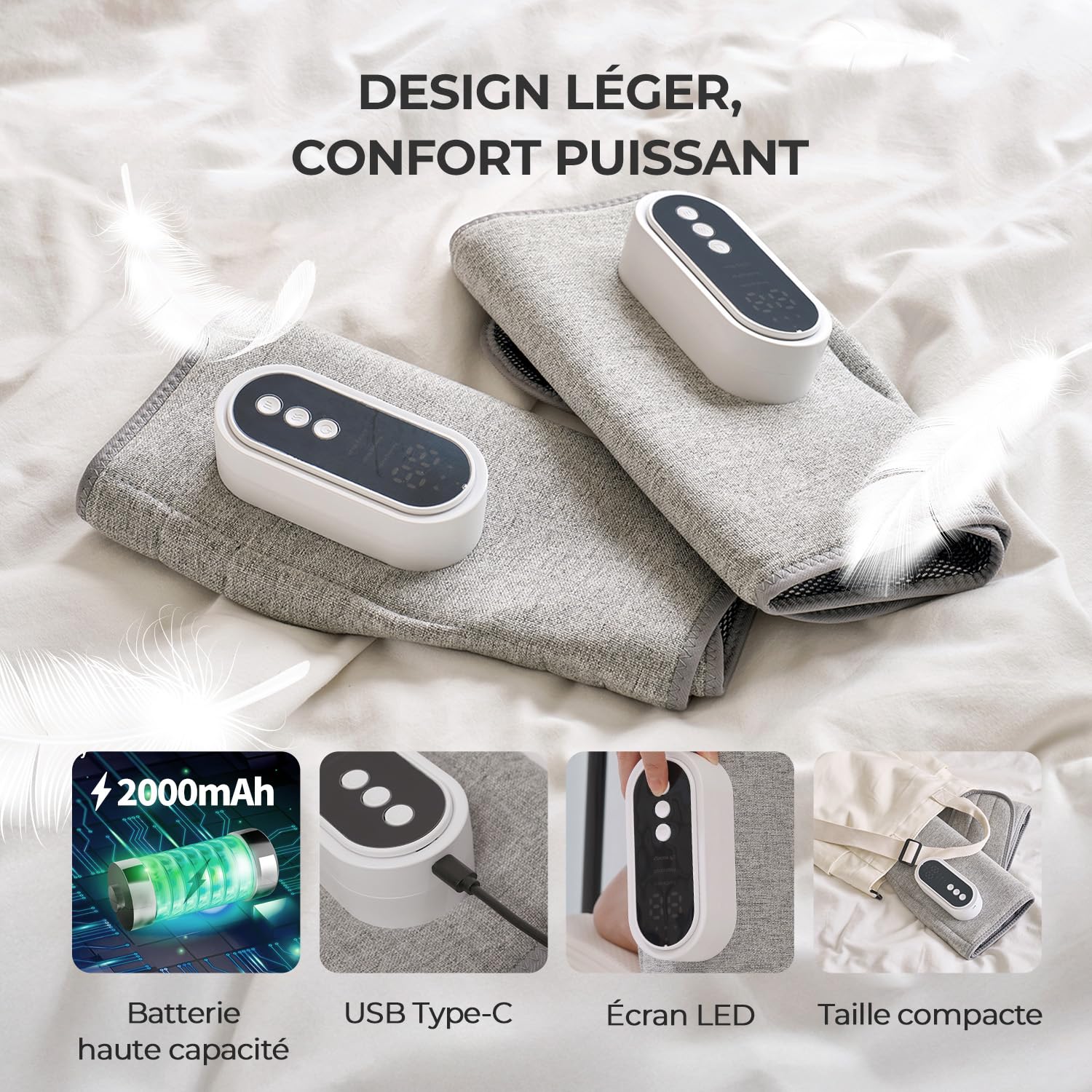 HubiCare Appareil de massage des jambes avec compression d'air et chaleur, 3 niveaux d'intensité, rechargeable USB-C, appareil de massage silencieux du mollet pour la relaxation et la circulation