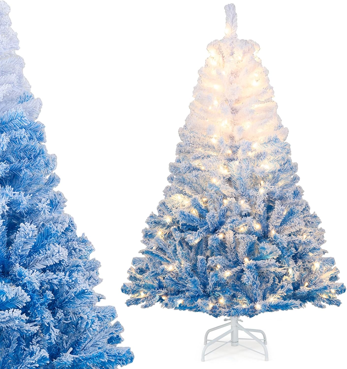 DREAMADE 5 FT Pre-Lit Artificial Christmas Tree, Snow Flocked Hinged Xmas Tree with Warm White LED Lights, 8 Modes, Gradient Branch Tips & Foldable Metal Stand for Home, Party, Holiday, Blue