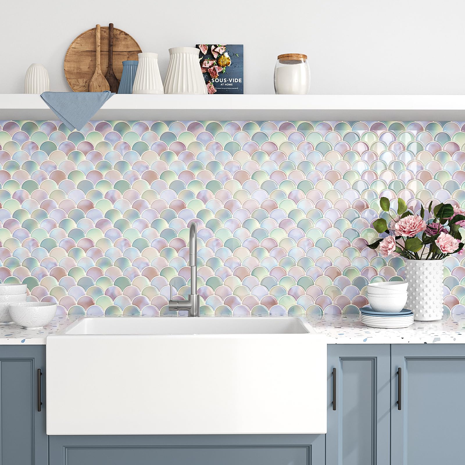 VEELIKE 12 Piezas Azulejos Adhesivos Baño Sirena Rosa 3D Escamas de Peces Adhesivos Pegatinas de Baldosas Adhesivas Pared Cocina Autoadhesivo Revestimiento Pared Baño Chimenea 30,5 cm x 30,5 cm