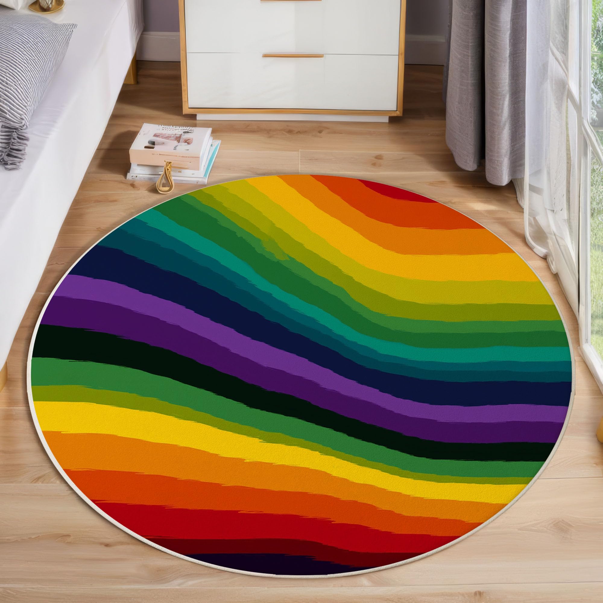 Tapis bleu sarcelle antidérapant et lavable - Moquette ronde fine arc-en-ciel 120cm
