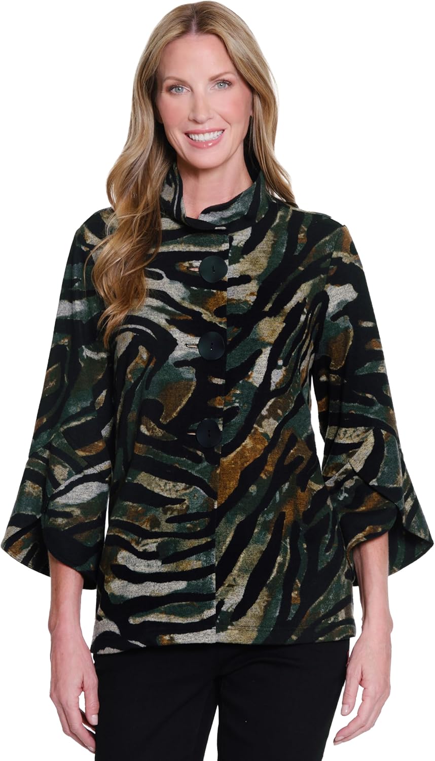 Ali Miles womens Printed Knit Button Front Jacket Bell Sleeve Cuffs