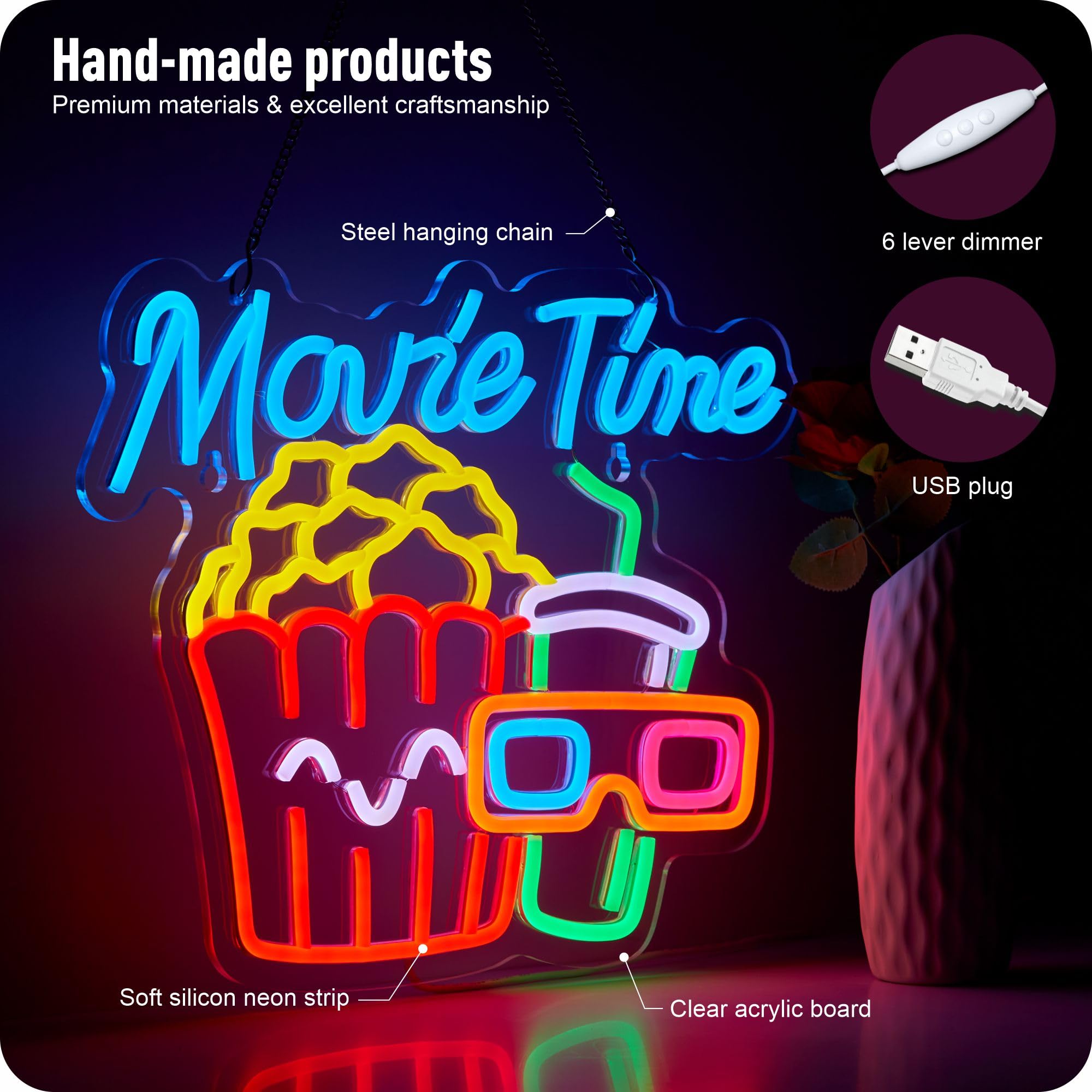 Movie Time Neon Sign Popcorn Cinema LED Neon Light per la decorazione della parete Dimmerabile Neon per Film Cinema Room Party Man Cave
