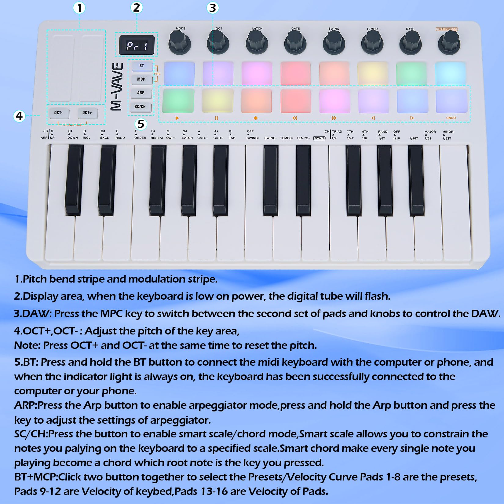 M-VAVE 25 Tasten 16 Backlit Drum Pads MIDI Keyboard - Professioneller Beat Maker und Keytar für Keyboard Musikproduktion Builtin Battery Wireless Connect Weiß