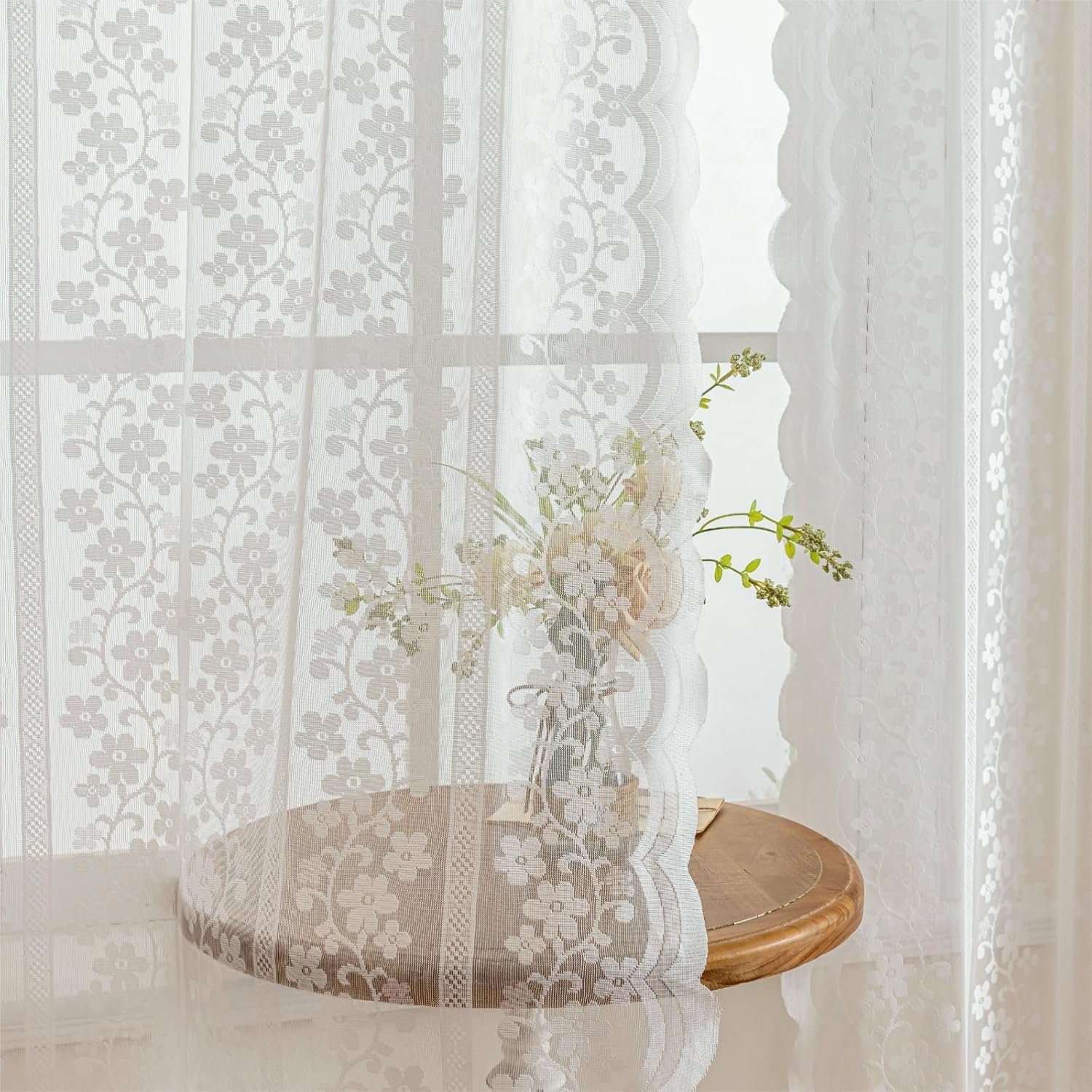 White Lace Curtains 84 Inches Long for Bedroom Living Room 2 Panels, Elegant Vintage Scalloped Edges Boho Floral Lace Semi Sheer Curtain Rod Pocket French Country Light Filtering Drapes