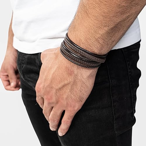 Miniatura 4 de SERASAR Pulsera de cuero premium envoltura para hombres en negro y marrón diferentes longitudes cierre de acero inoxidable Incluye caja